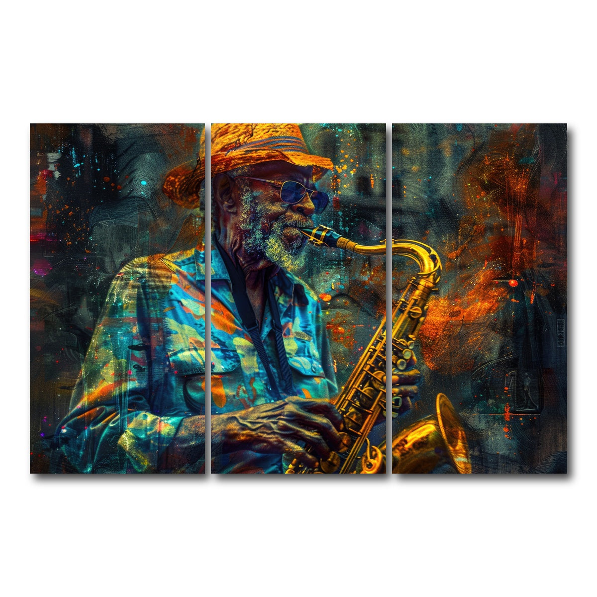 AUTO-MOCKUP WHITE | Old saxophonist plays jazz | 3 Piece | Gallery Wrap Canvas | group=12x24