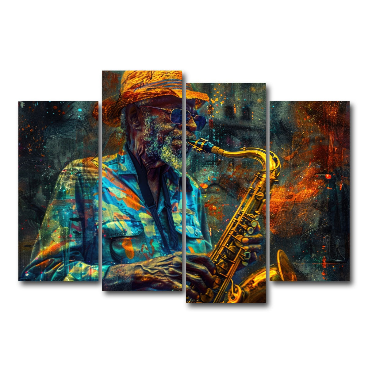 AUTO-MOCKUP WHITE | Old saxophonist plays jazz | 4 Piece | Gallery Wrap Canvas | group=4_normal