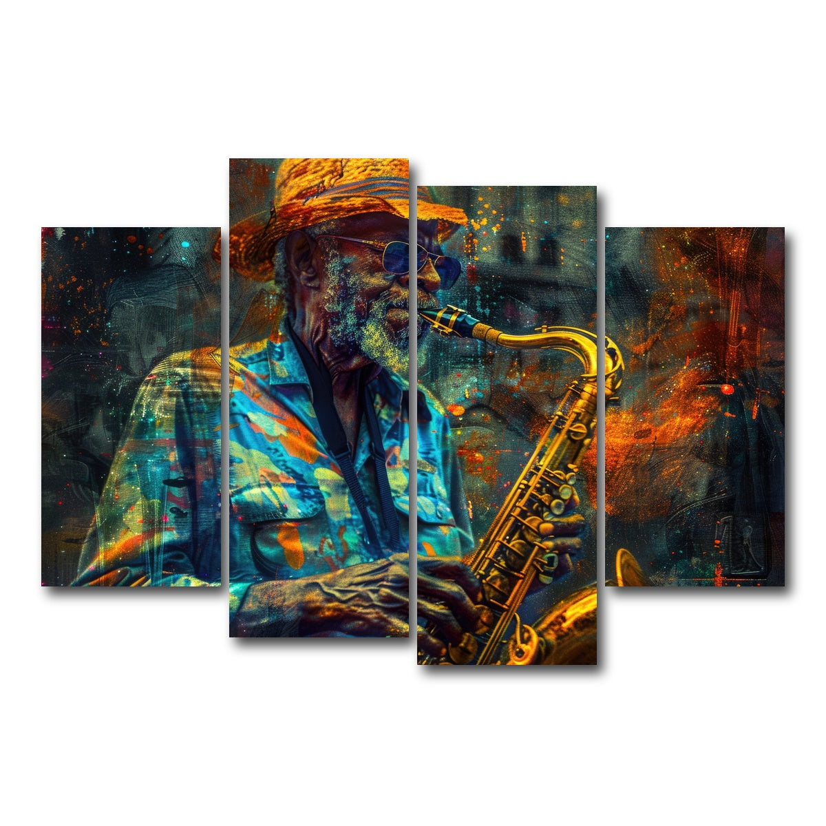 AUTO-MOCKUP WHITE | Old saxophonist plays jazz | 4 Piece | Gallery Wrap Canvas | group=4_short