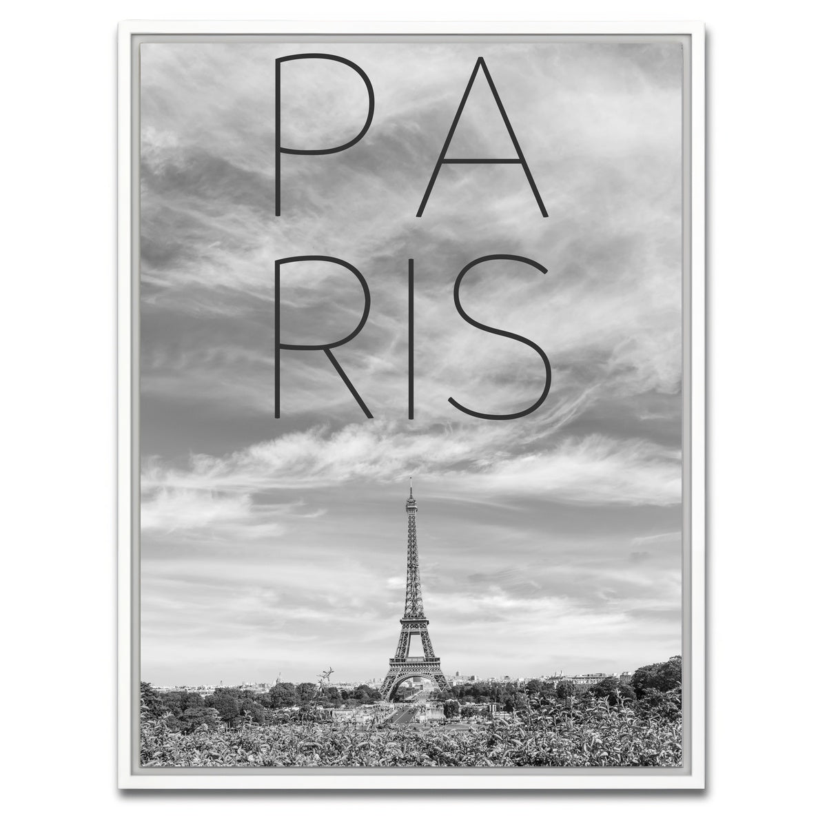 AUTO-MOCKUP WHITE | PARIS Eiffel Tower Text | 1 Piece | White Framed Canvas | group=3x4