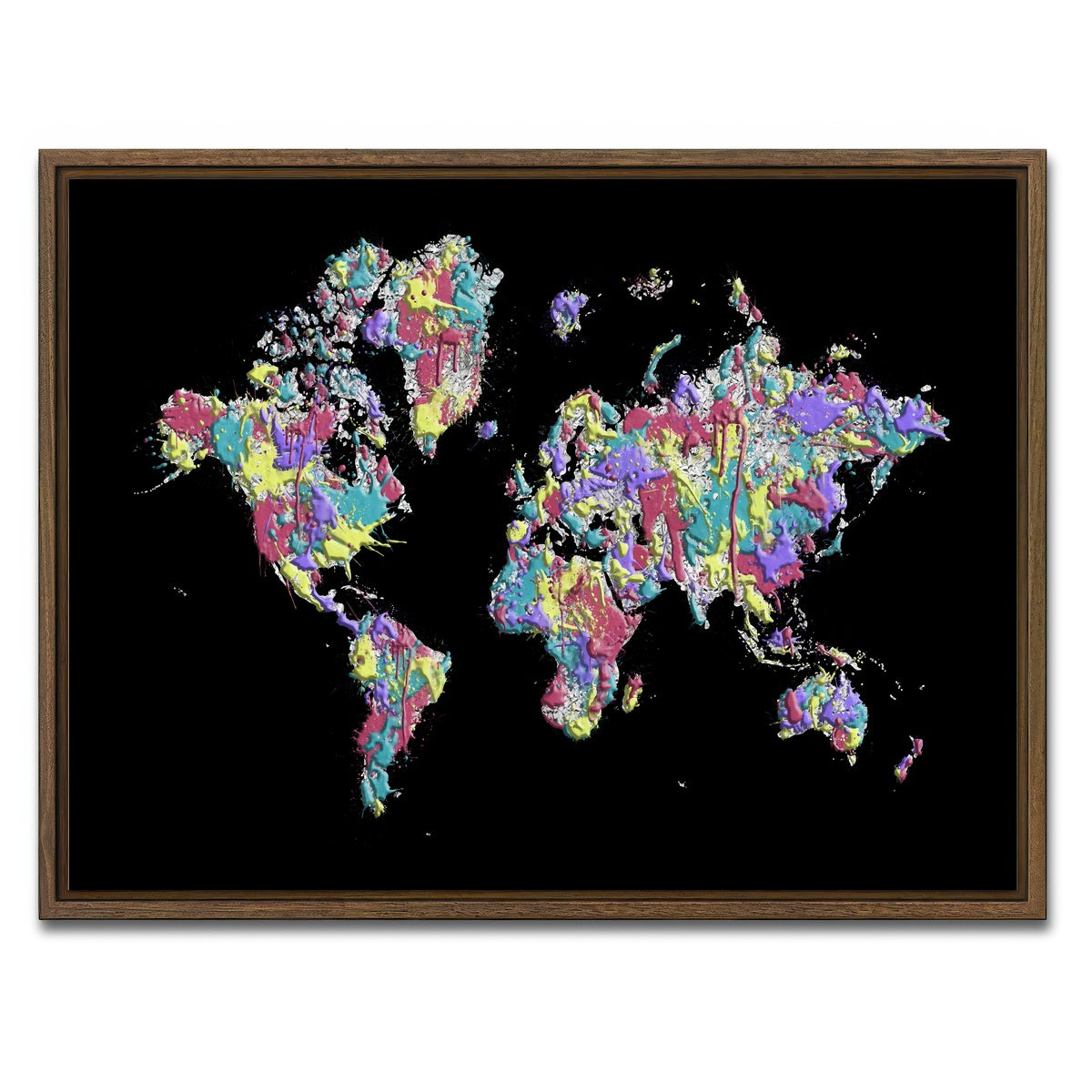 AUTO-MOCKUP WHITE | POP ART World Map - Black | 1 Piece | Walnut Framed Canvas | group=4x3