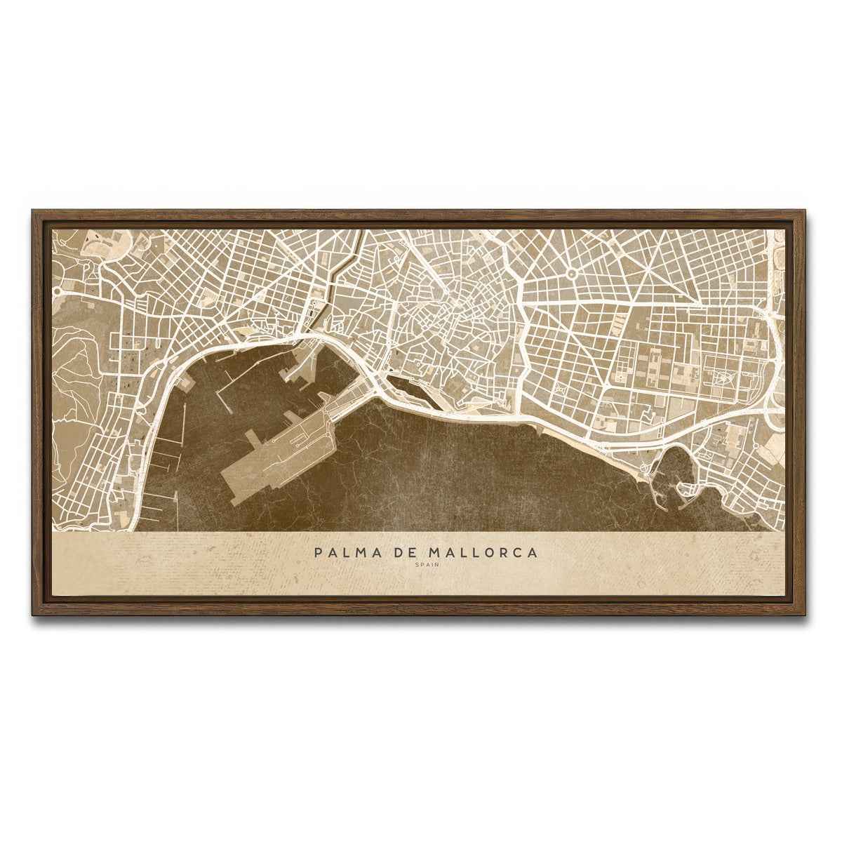 AUTO-MOCKUP WHITE | Palma De Mallorca Map | 1 Piece | Walnut Framed Canvas | group=2x1