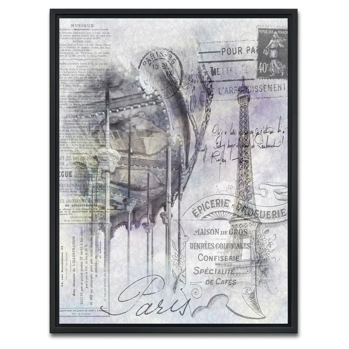 AUTO-MOCKUP WHITE | Paris Collage - Eiffel Tower and carousel | 1 Piece | Black Framed Canvas | group=3x4