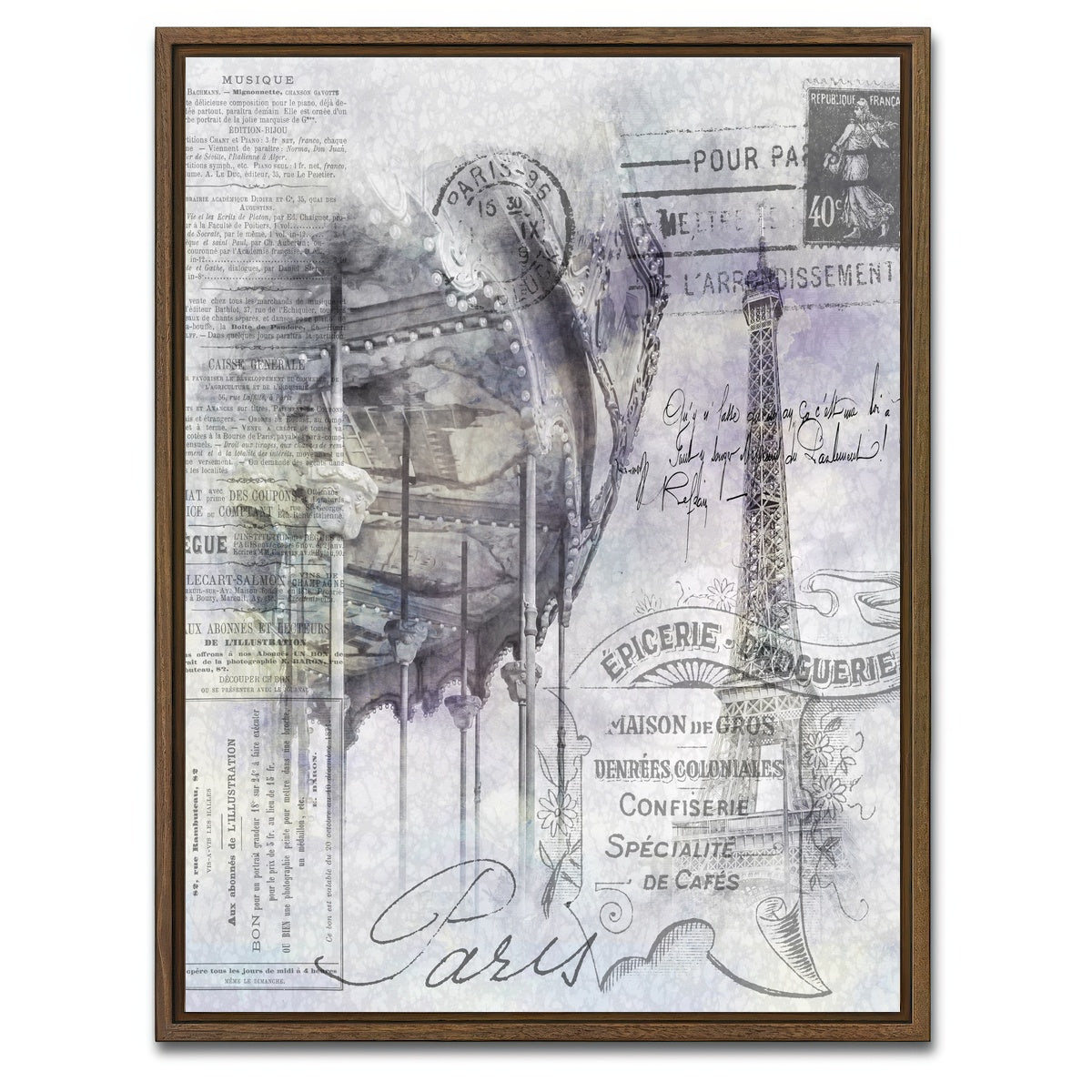 AUTO-MOCKUP WHITE | Paris Collage - Eiffel Tower and carousel | 1 Piece | Walnut Framed Canvas | group=3x4