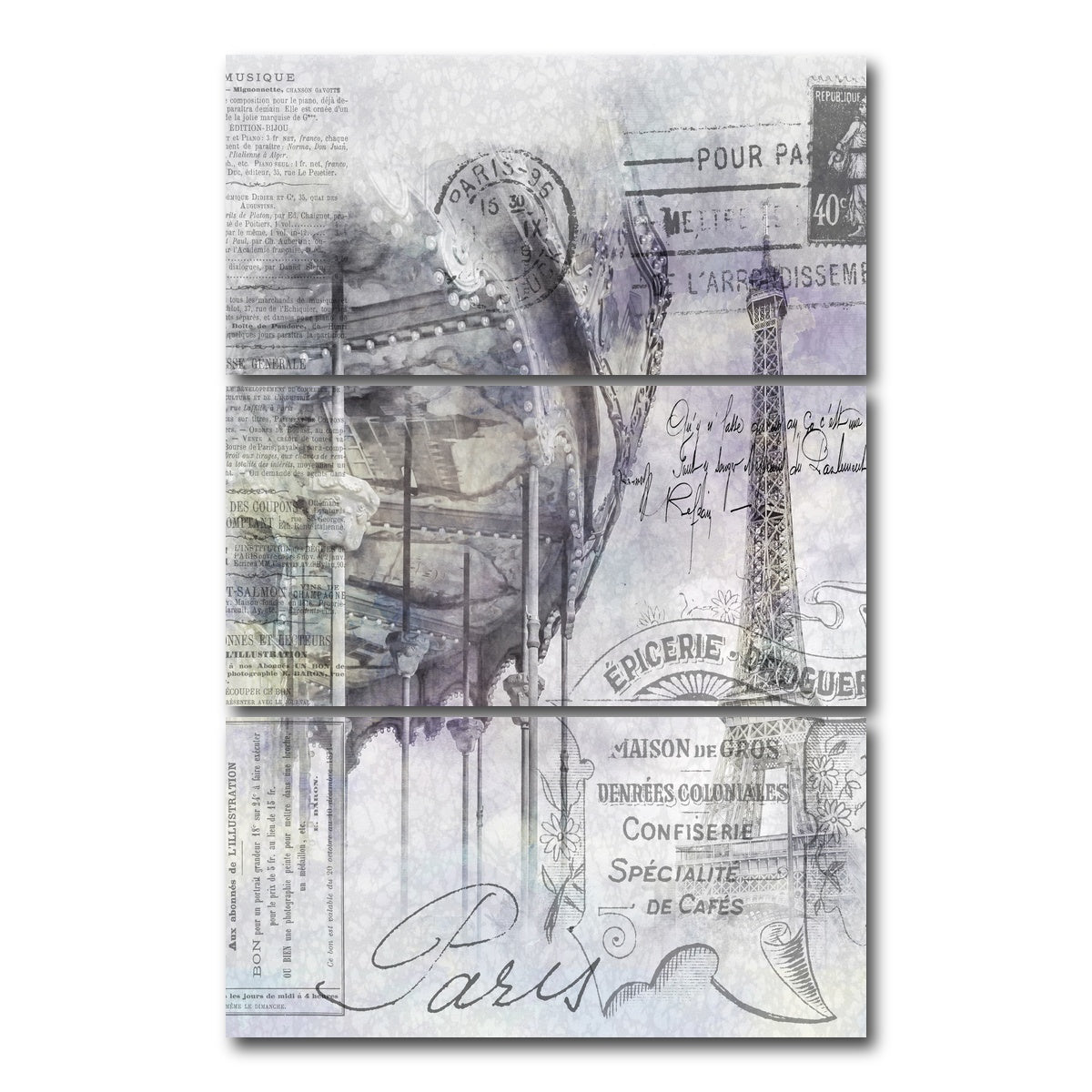 AUTO-MOCKUP WHITE | Paris Collage - Eiffel Tower and carousel | 3 Piece | Gallery Wrap Canvas | group=12x24_stacked