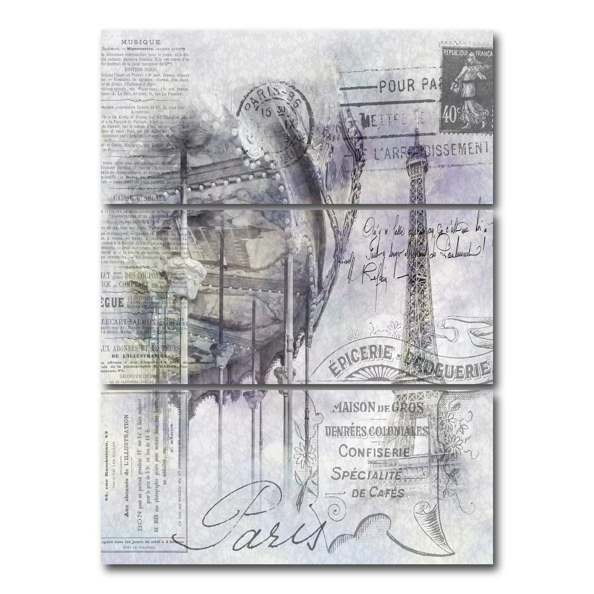 AUTO-MOCKUP WHITE | Paris Collage - Eiffel Tower and carousel | 3 Piece | Gallery Wrap Canvas | group=8x18_stacked