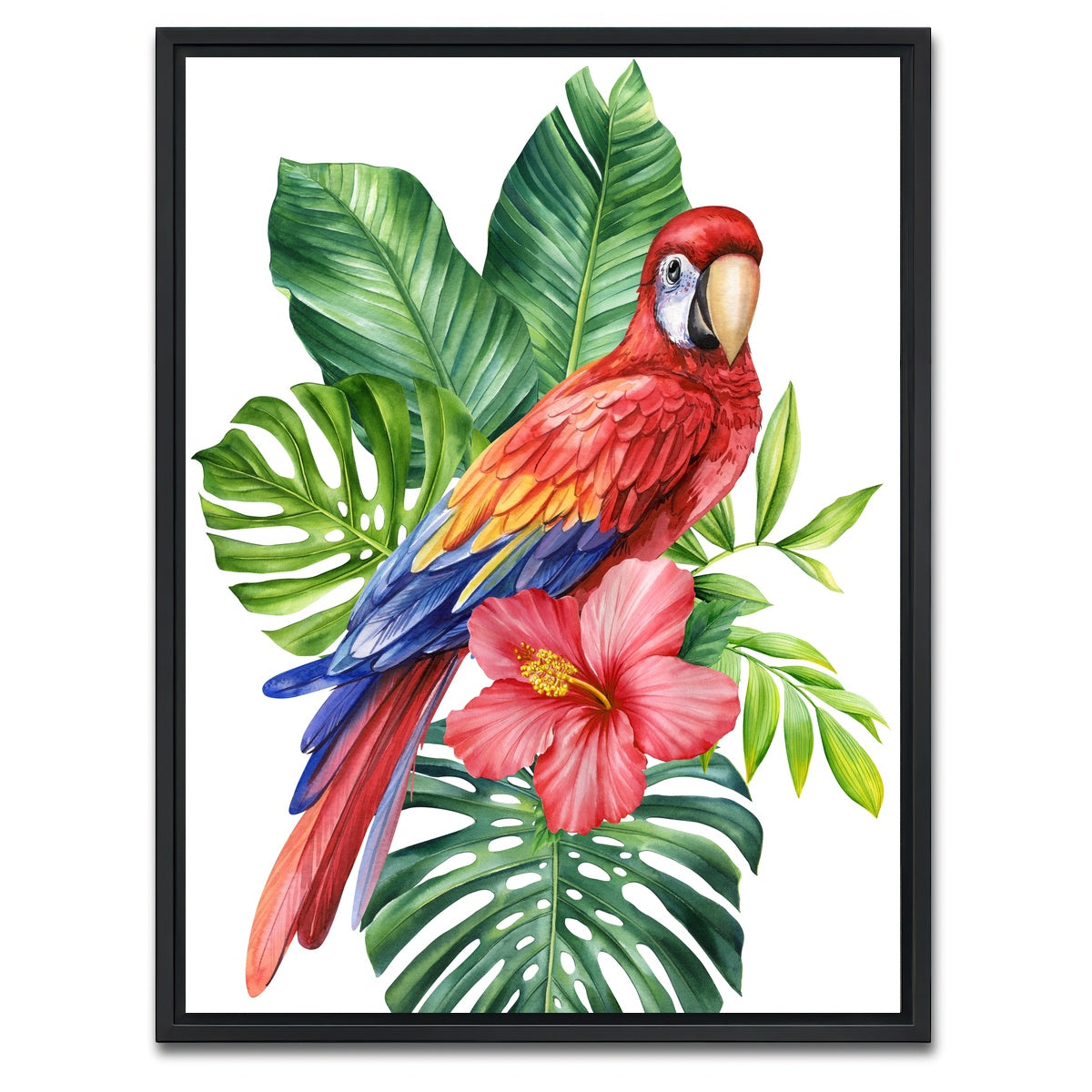 AUTO-MOCKUP WHITE | Parrot With Tropical Flowers | 1 Piece | Black Framed Canvas | group=3x4