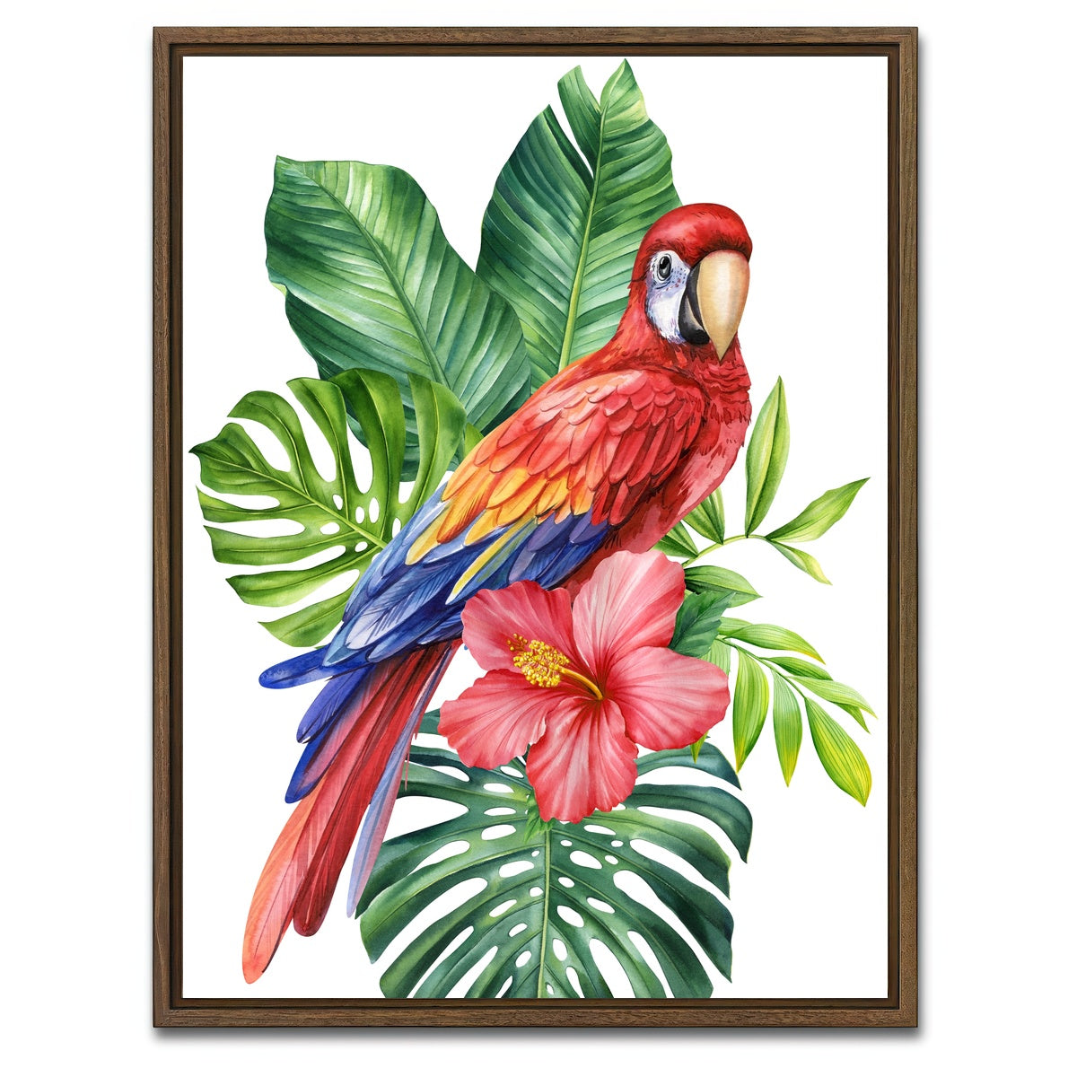 AUTO-MOCKUP WHITE | Parrot With Tropical Flowers | 1 Piece | Walnut Framed Canvas | group=3x4