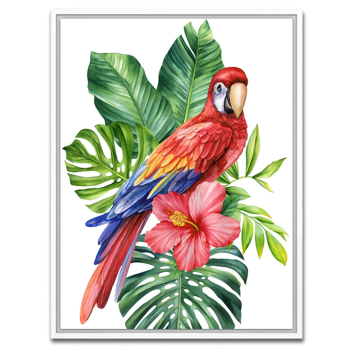 AUTO-MOCKUP WHITE | Parrot With Tropical Flowers | 1 Piece | White Framed Canvas | group=3x4