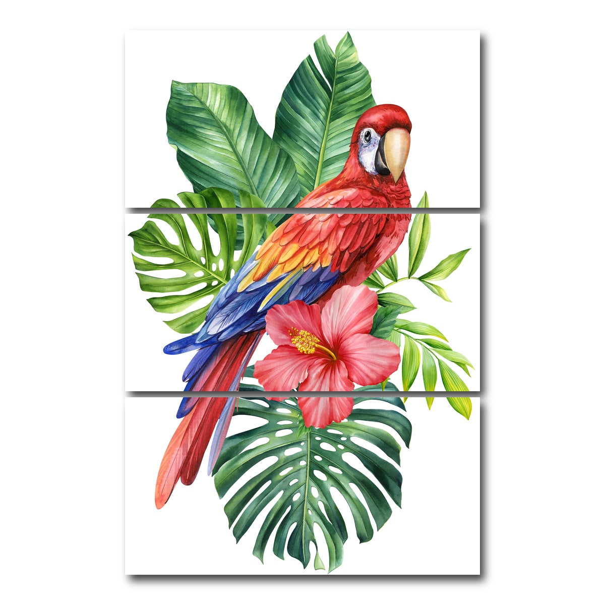 AUTO-MOCKUP WHITE | Parrot With Tropical Flowers | 3 Piece | Gallery Wrap Canvas | group=12x24_stacked