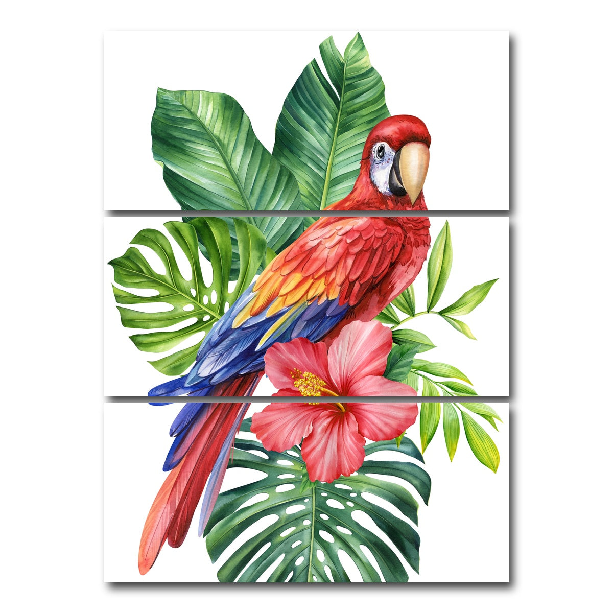 AUTO-MOCKUP WHITE | Parrot With Tropical Flowers | 3 Piece | Gallery Wrap Canvas | group=8x18_stacked