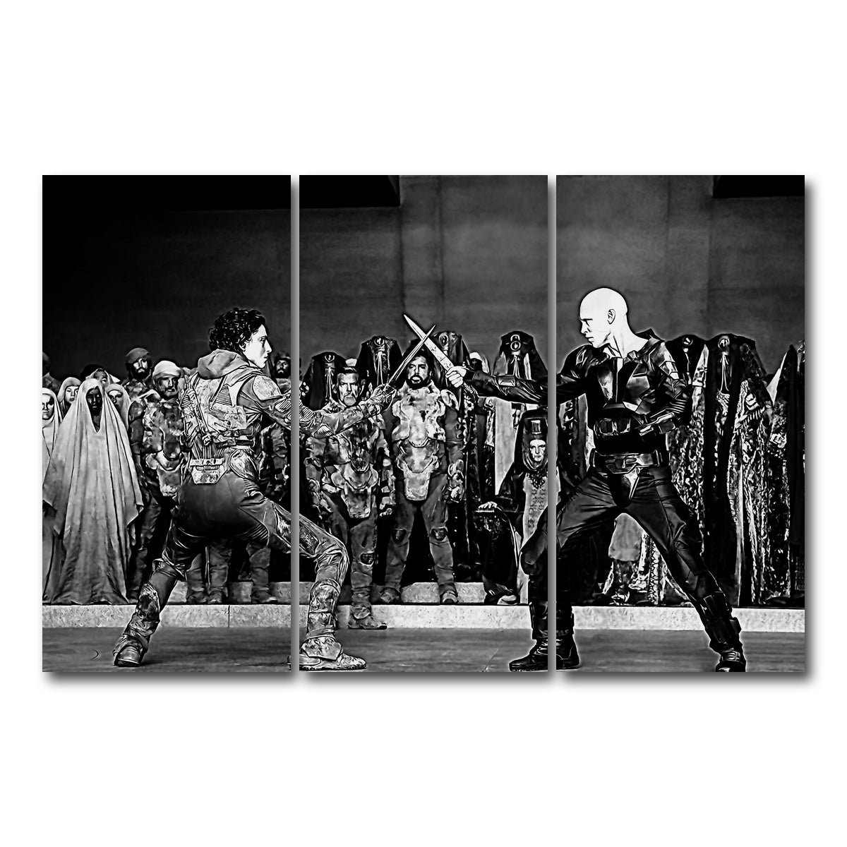AUTO-MOCKUP WHITE | Paul Vs. Feyd Rautha Grayscale | 3 Piece | Gallery Wrap Canvas | group=12x24