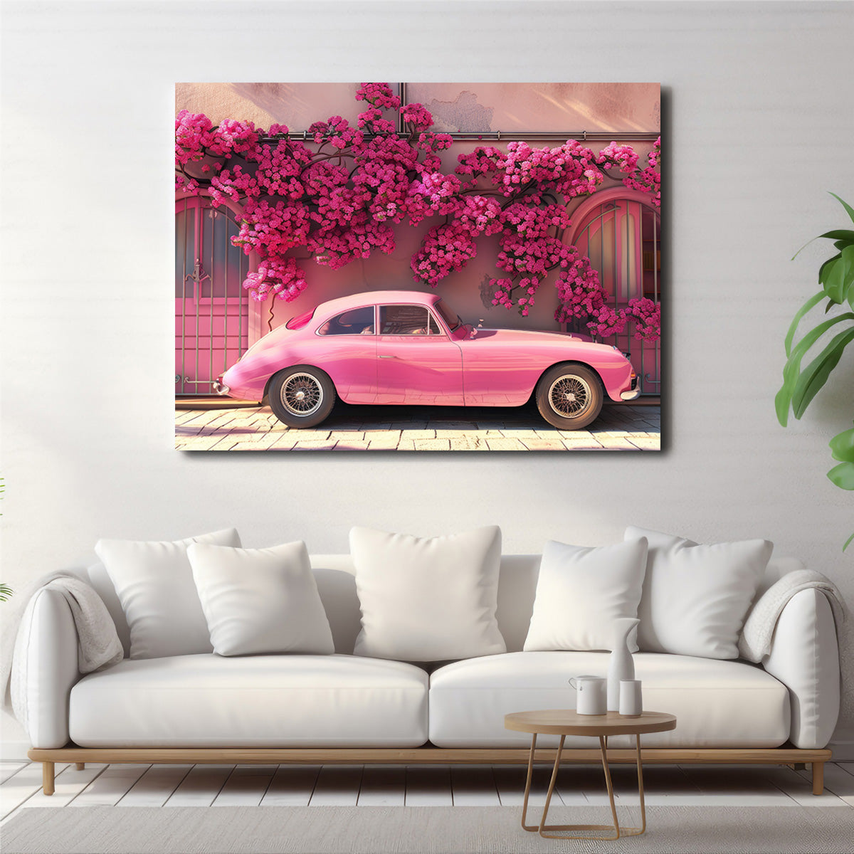 Pink Car and Flowers Wall Art