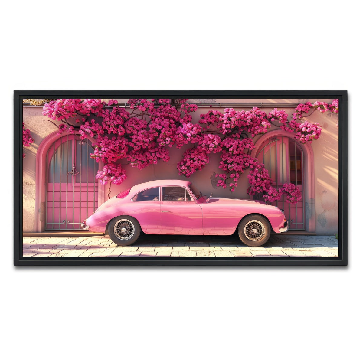 AUTO-MOCKUP WHITE | Pink Car and Flowers | 1 Piece | Black Framed Canvas | group=2x1