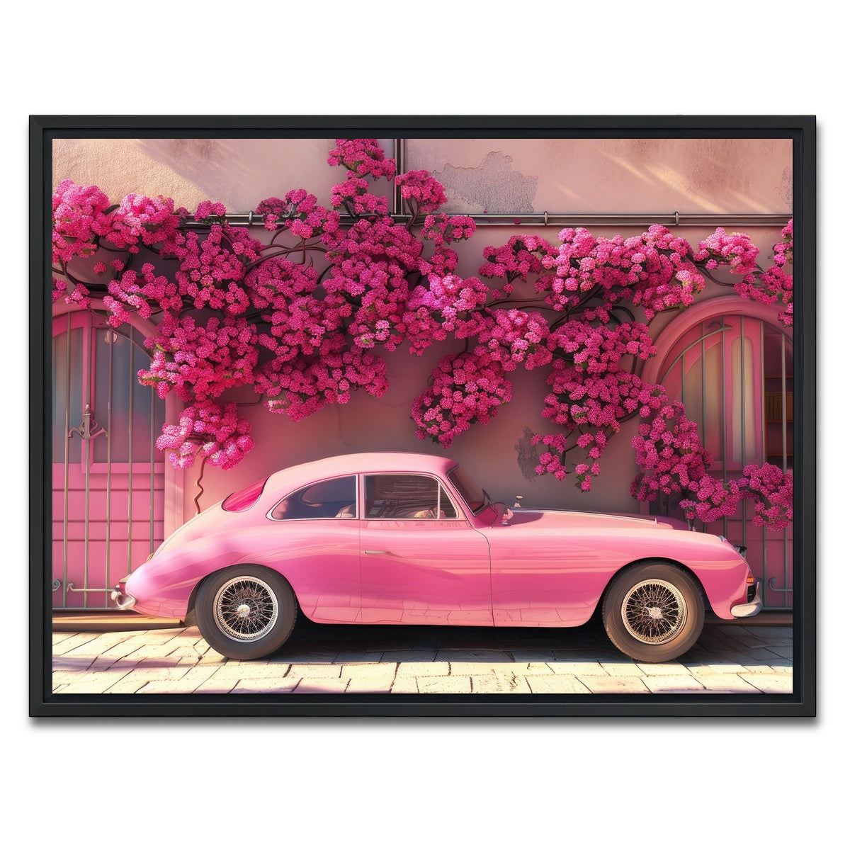 AUTO-MOCKUP WHITE | Pink Car and Flowers | 1 Piece | Black Framed Canvas | group=4x3