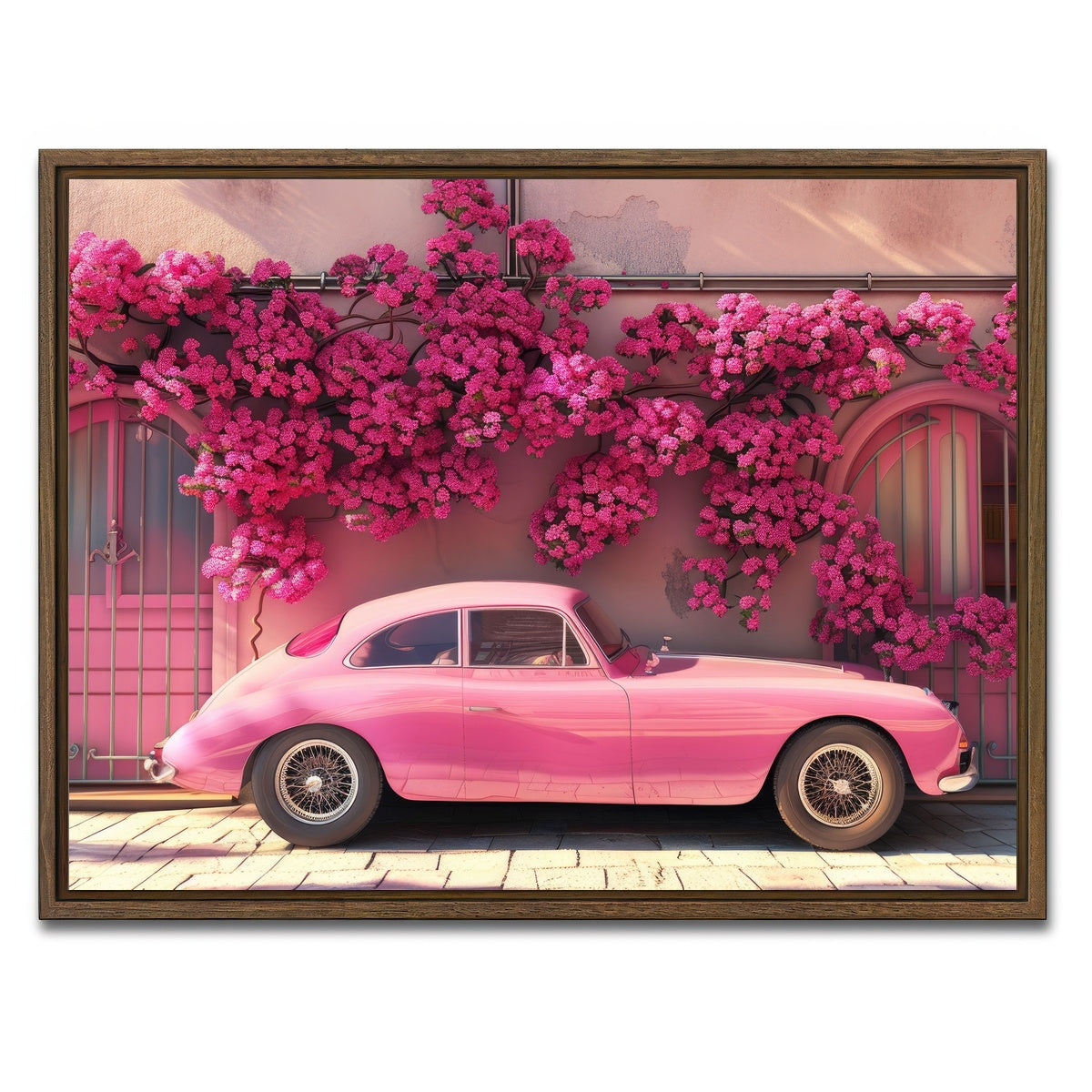 AUTO-MOCKUP WHITE | Pink Car and Flowers | 1 Piece | Walnut Framed Canvas | group=4x3