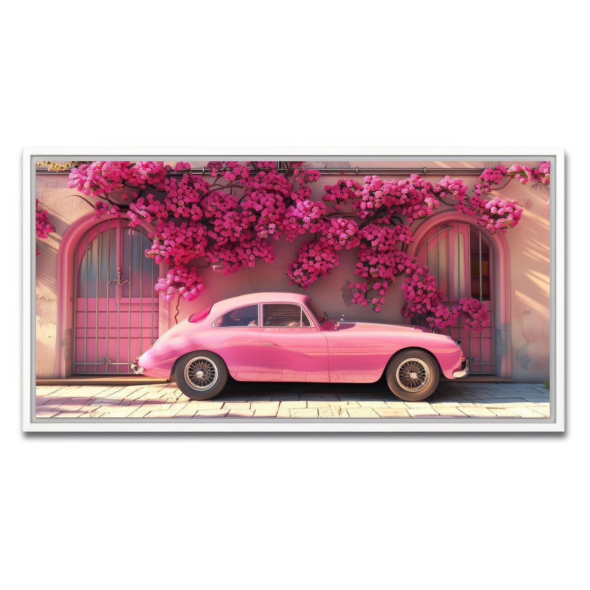 AUTO-MOCKUP WHITE | Pink Car and Flowers | 1 Piece | White Framed Canvas | group=2x1