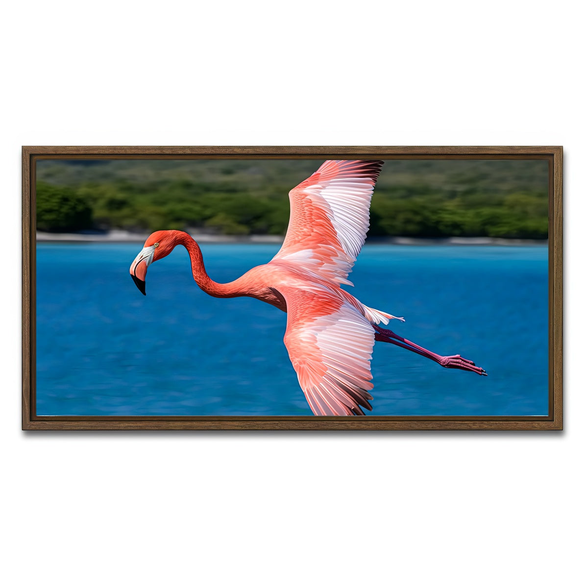 AUTO-MOCKUP WHITE | Pink Flamingo Flying | 1 Piece | Walnut Framed Canvas | group=2x1
