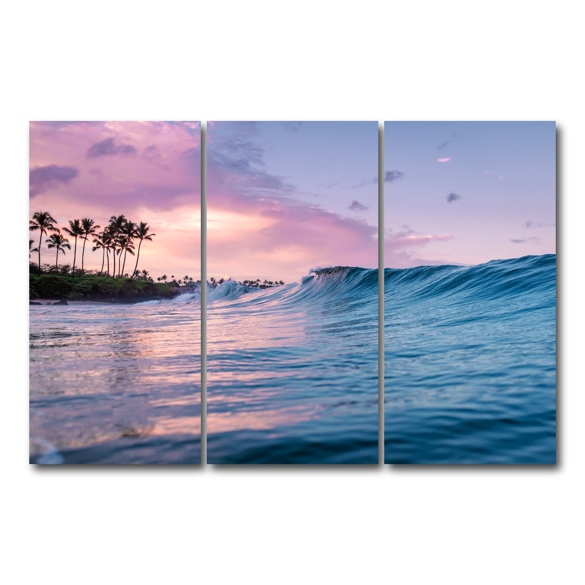 AUTO-MOCKUP WHITE | Pink Sunrise Blue Waves | 3 Piece | Gallery Wrap Canvas | group=12x24