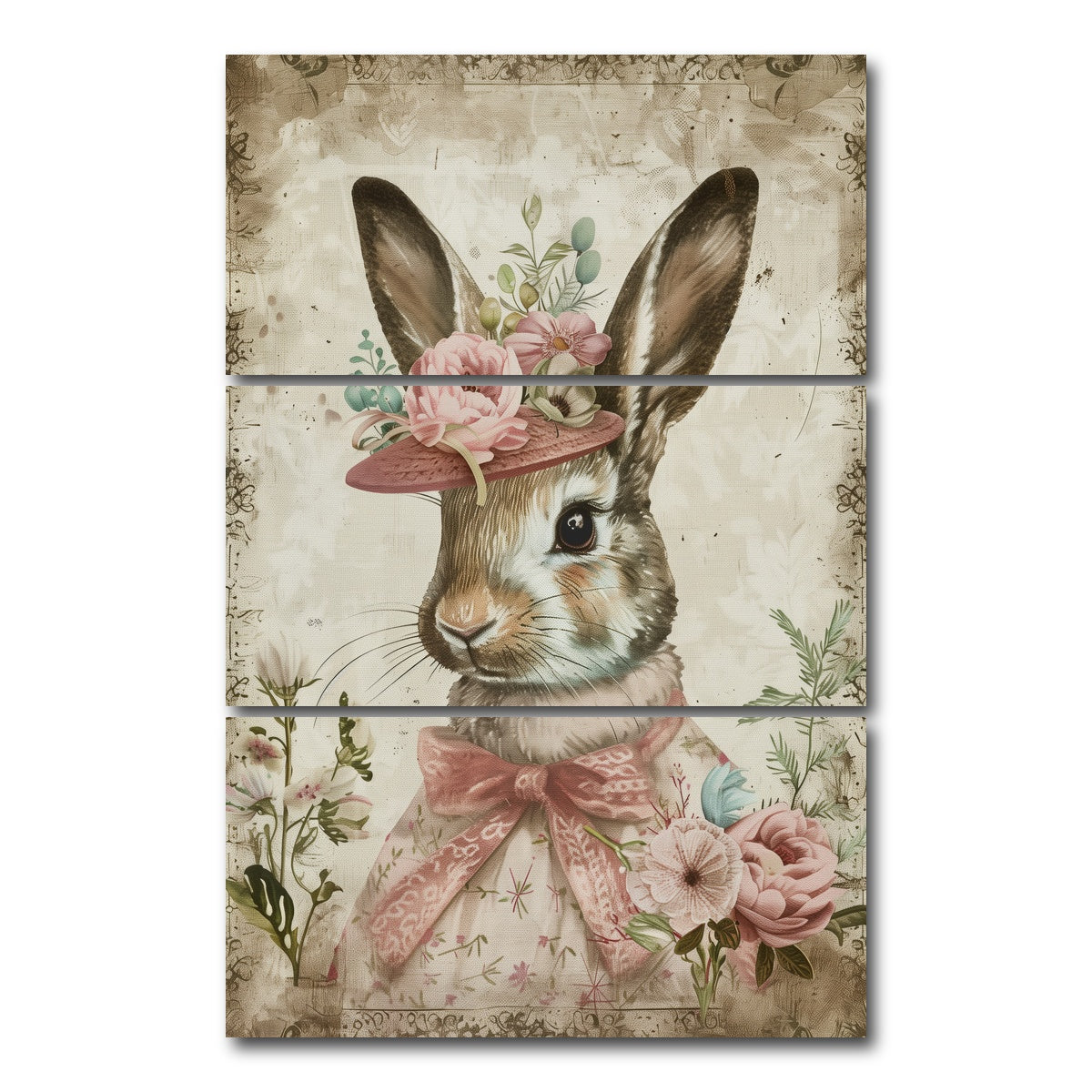 AUTO-MOCKUP WHITE | Rabbit wearing floral hat | 3 Piece | Gallery Wrap Canvas | group=12x24_stacked