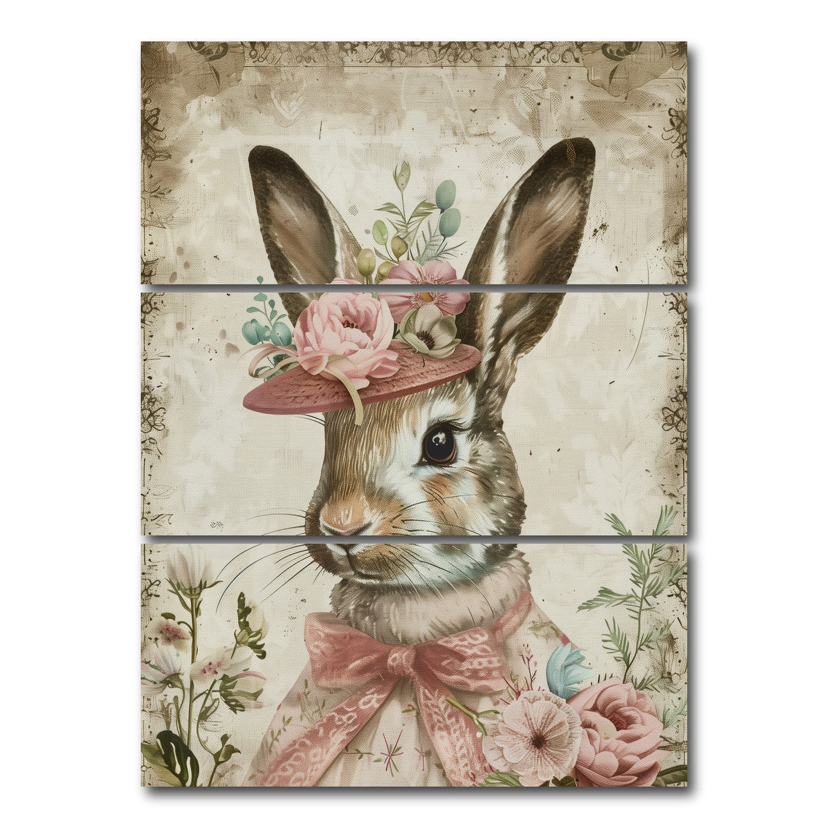 AUTO-MOCKUP WHITE | Rabbit wearing floral hat | 3 Piece | Gallery Wrap Canvas | group=8x18_stacked