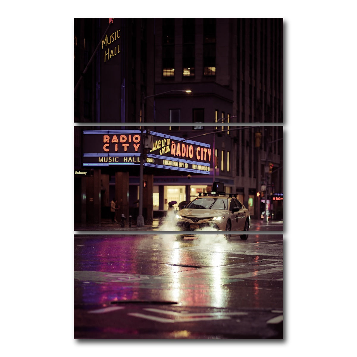 AUTO-MOCKUP WHITE | Radio City Rainy Yellow Cab | 3 Piece | Gallery Wrap Canvas | group=12x24_stacked