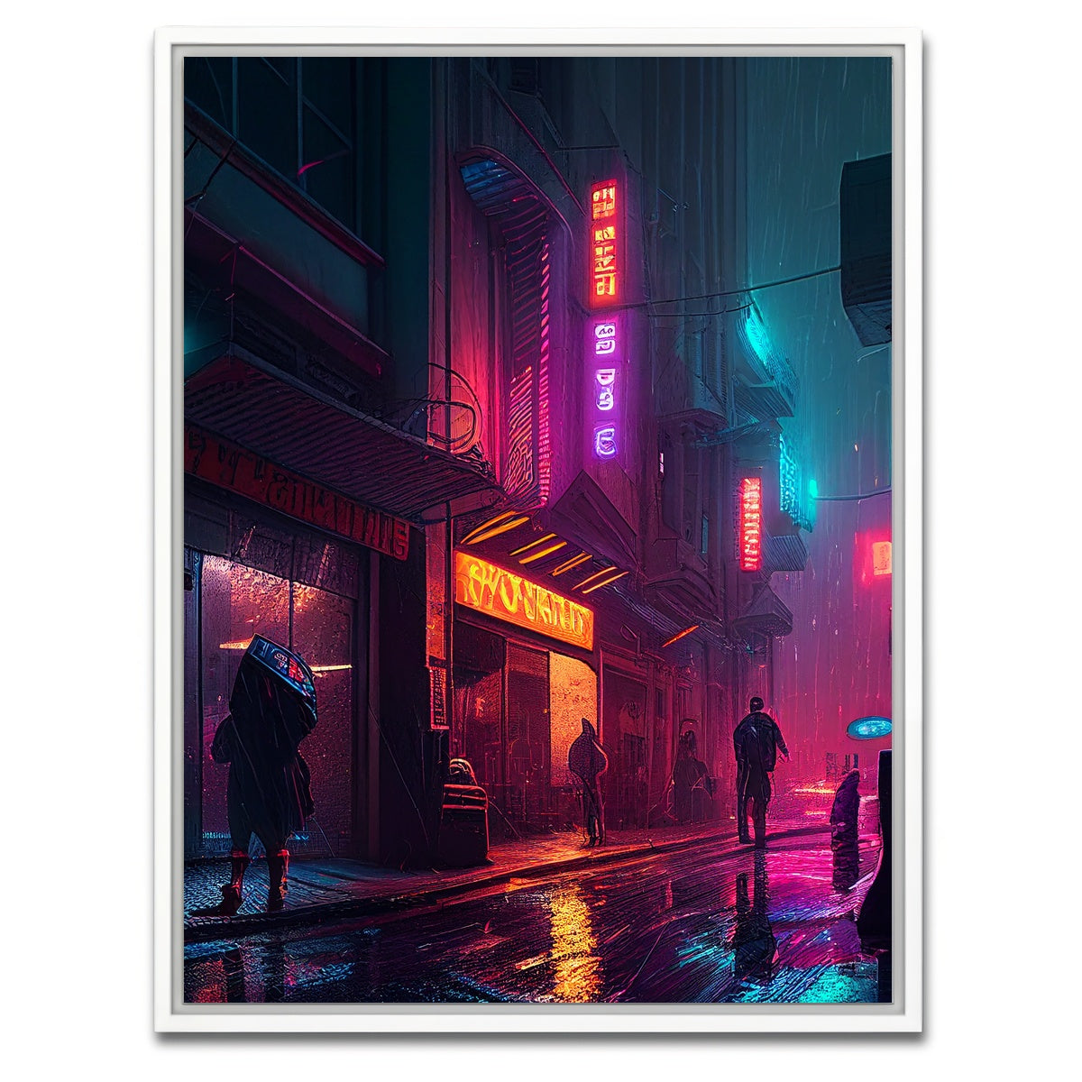 AUTO-MOCKUP WHITE | Rainy Stroll in Neo Chinatown | 1 Piece | White Framed Canvas | group=3x4