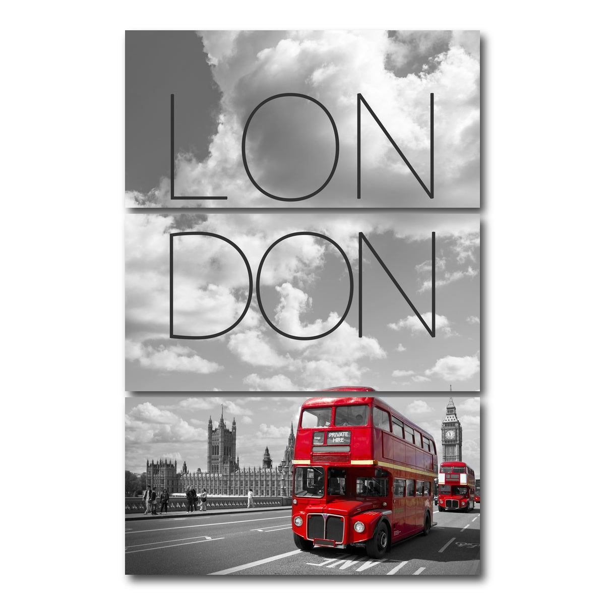 AUTO-MOCKUP WHITE | Red Buses London Text | 3 Piece | Gallery Wrap Canvas | group=12x24_stacked