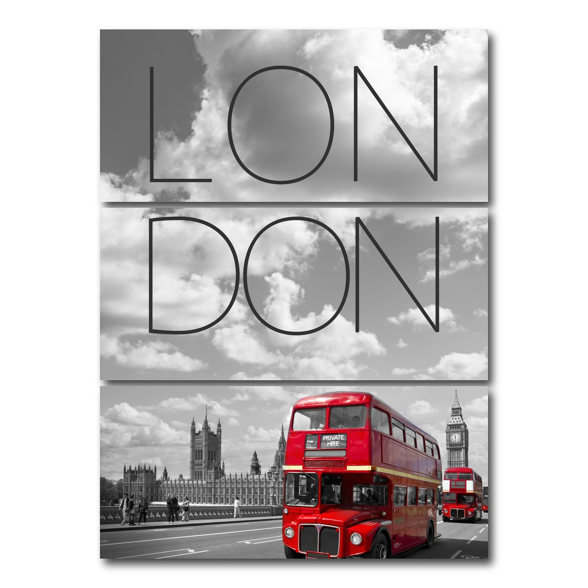 AUTO-MOCKUP WHITE | Red Buses London Text | 3 Piece | Gallery Wrap Canvas | group=8x18_stacked