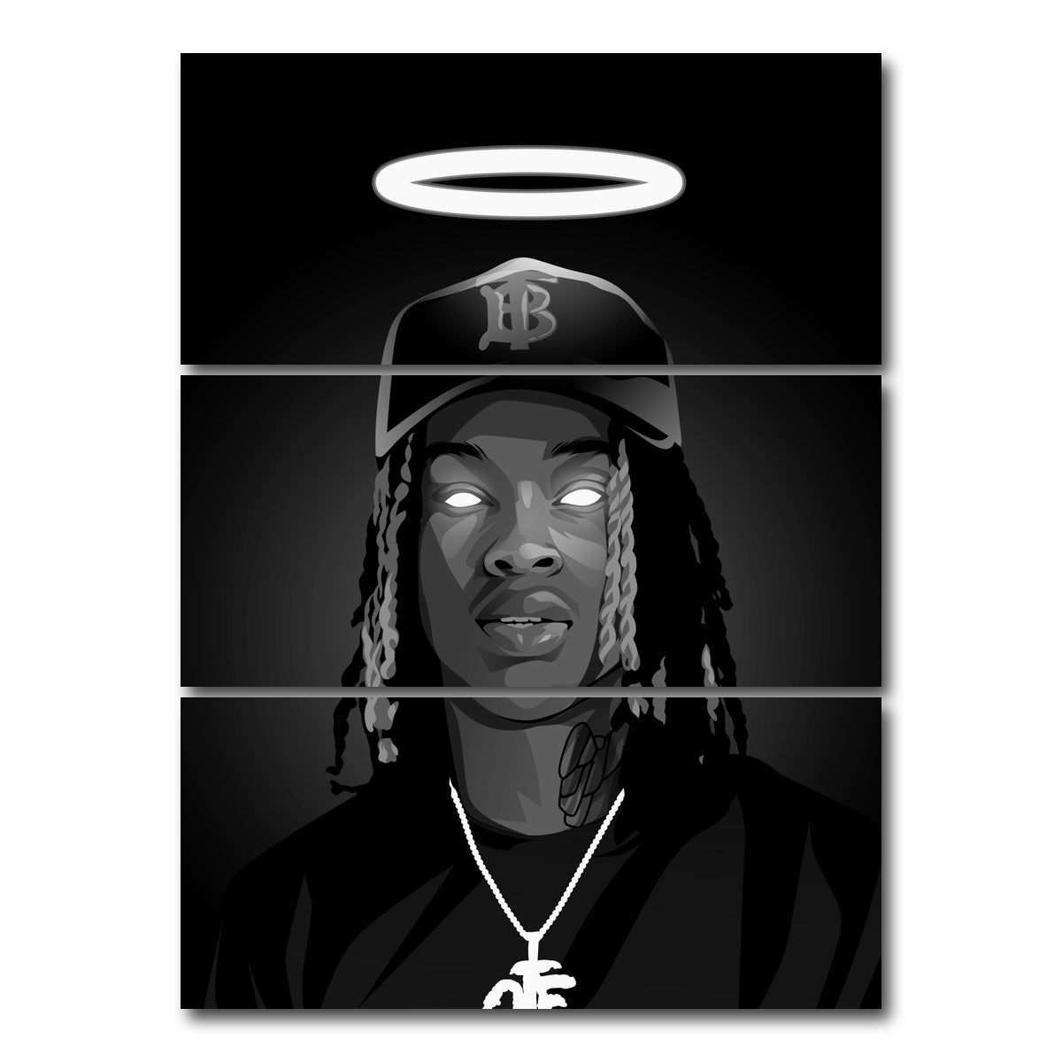 AUTO-MOCKUP WHITE | Rip King Von Grayscale | 3 Piece | Gallery Wrap Canvas | group=8x18_stacked