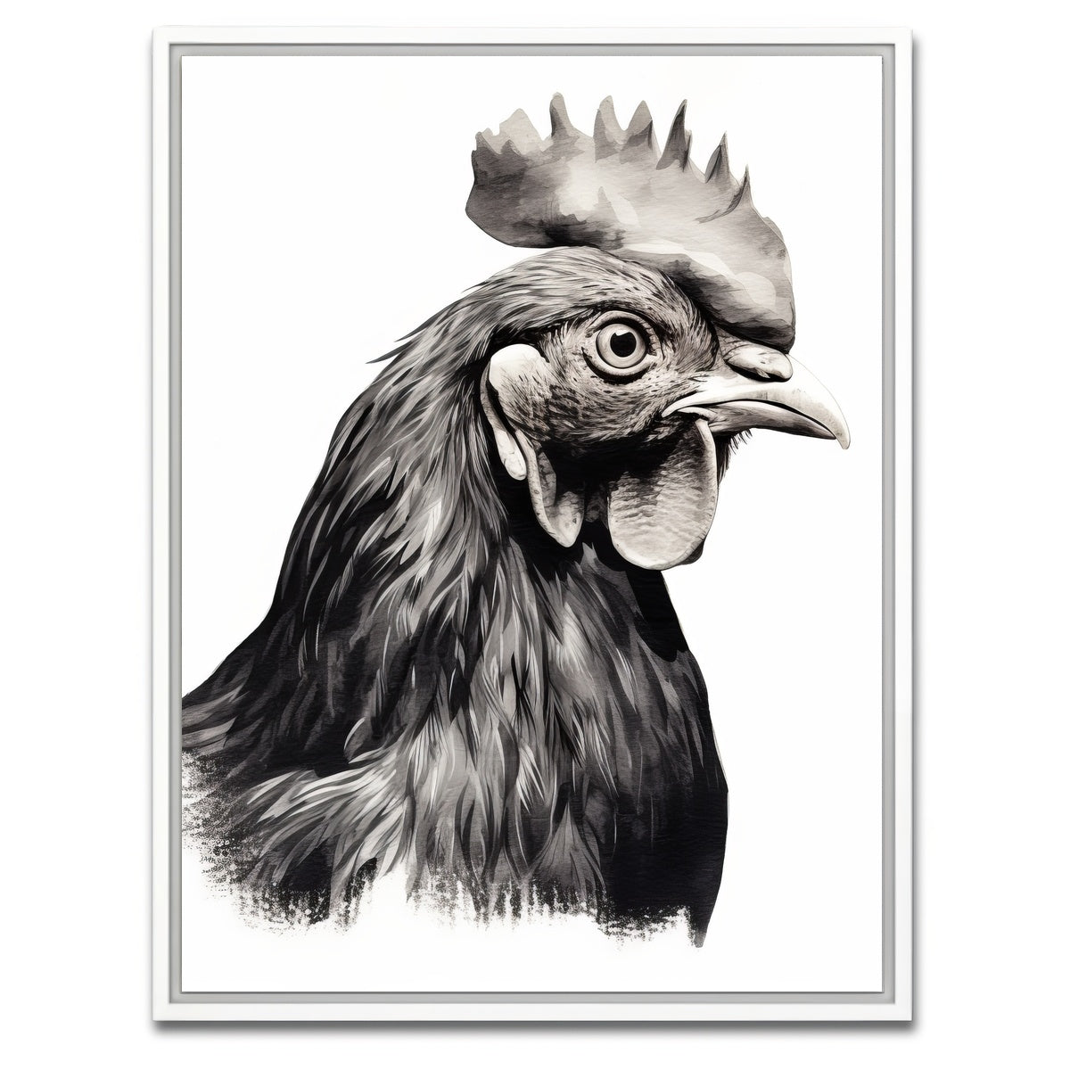 AUTO-MOCKUP WHITE | Rooster Head Grayscale | 1 Piece | White Framed Canvas | group=3x4