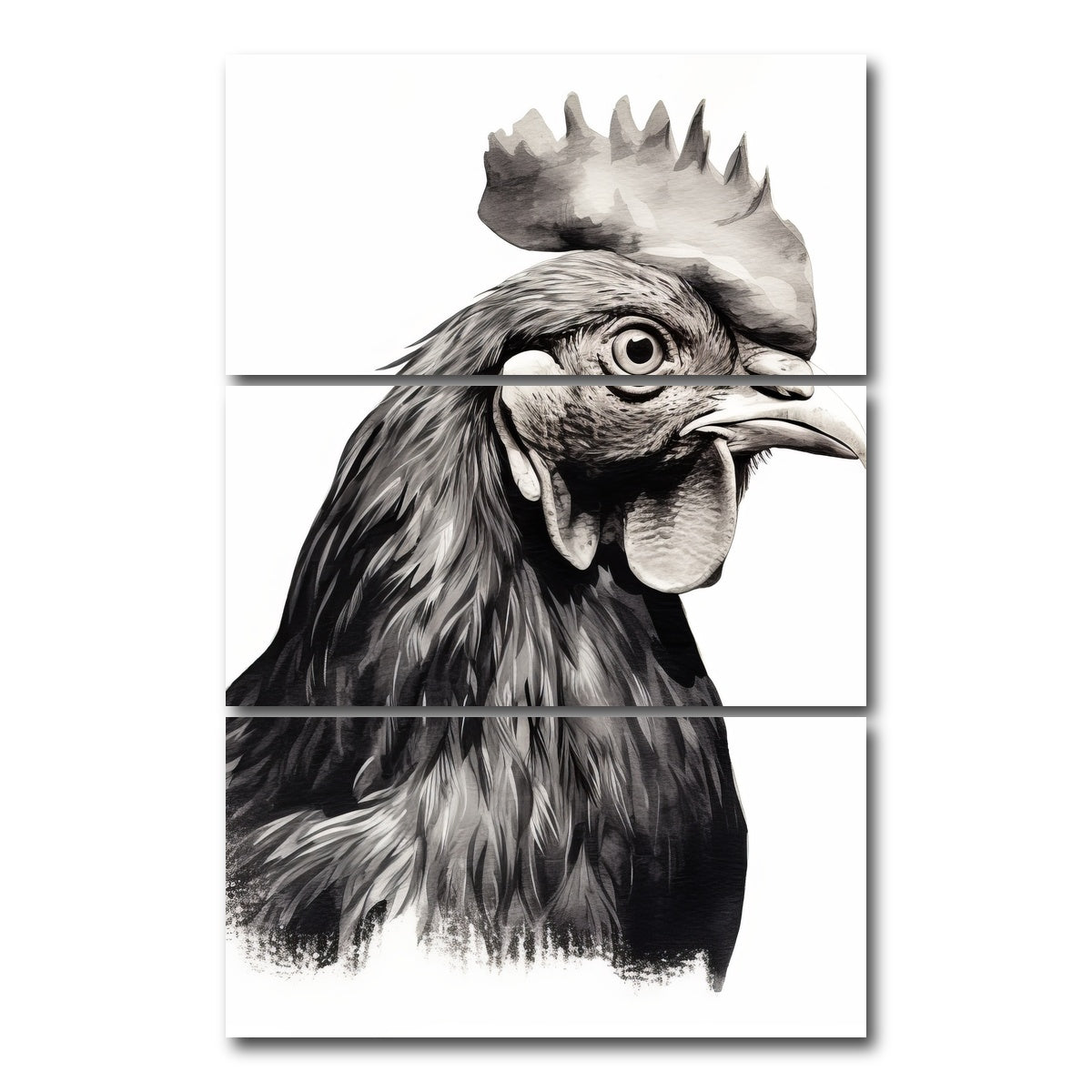 AUTO-MOCKUP WHITE | Rooster Head Grayscale | 3 Piece | Gallery Wrap Canvas | group=12x24_stacked