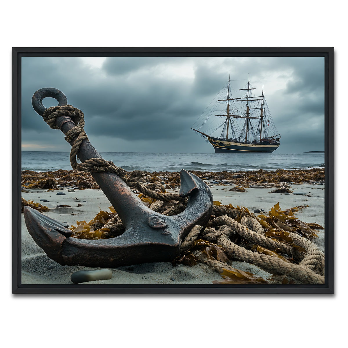 AUTO-MOCKUP WHITE | Rustic anchor on sandy beach | 1 Piece | Black Framed Canvas | group=4x3