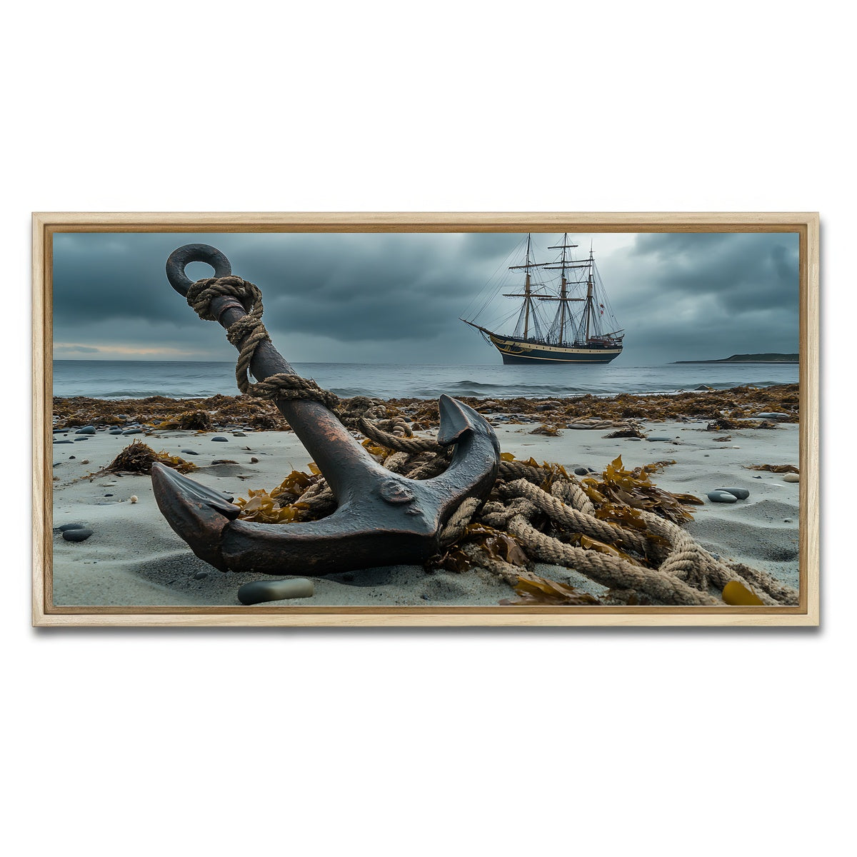 AUTO-MOCKUP WHITE | Rustic anchor on sandy beach | 1 Piece | Natural Framed Canvas | group=2x1