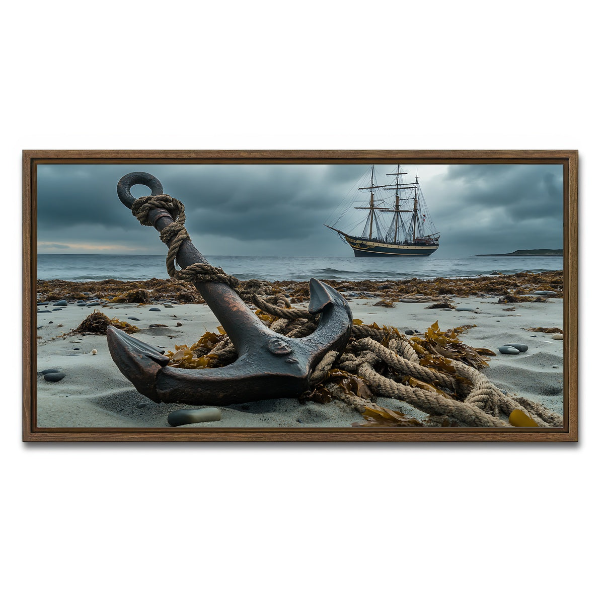 AUTO-MOCKUP WHITE | Rustic anchor on sandy beach | 1 Piece | Walnut Framed Canvas | group=2x1