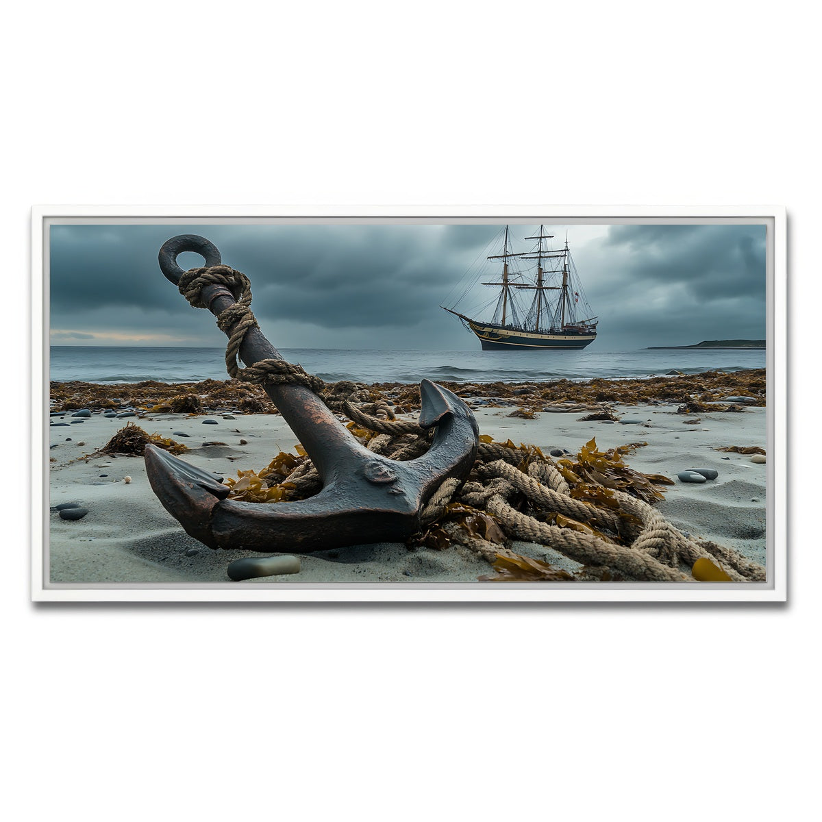 AUTO-MOCKUP WHITE | Rustic anchor on sandy beach | 1 Piece | White Framed Canvas | group=2x1