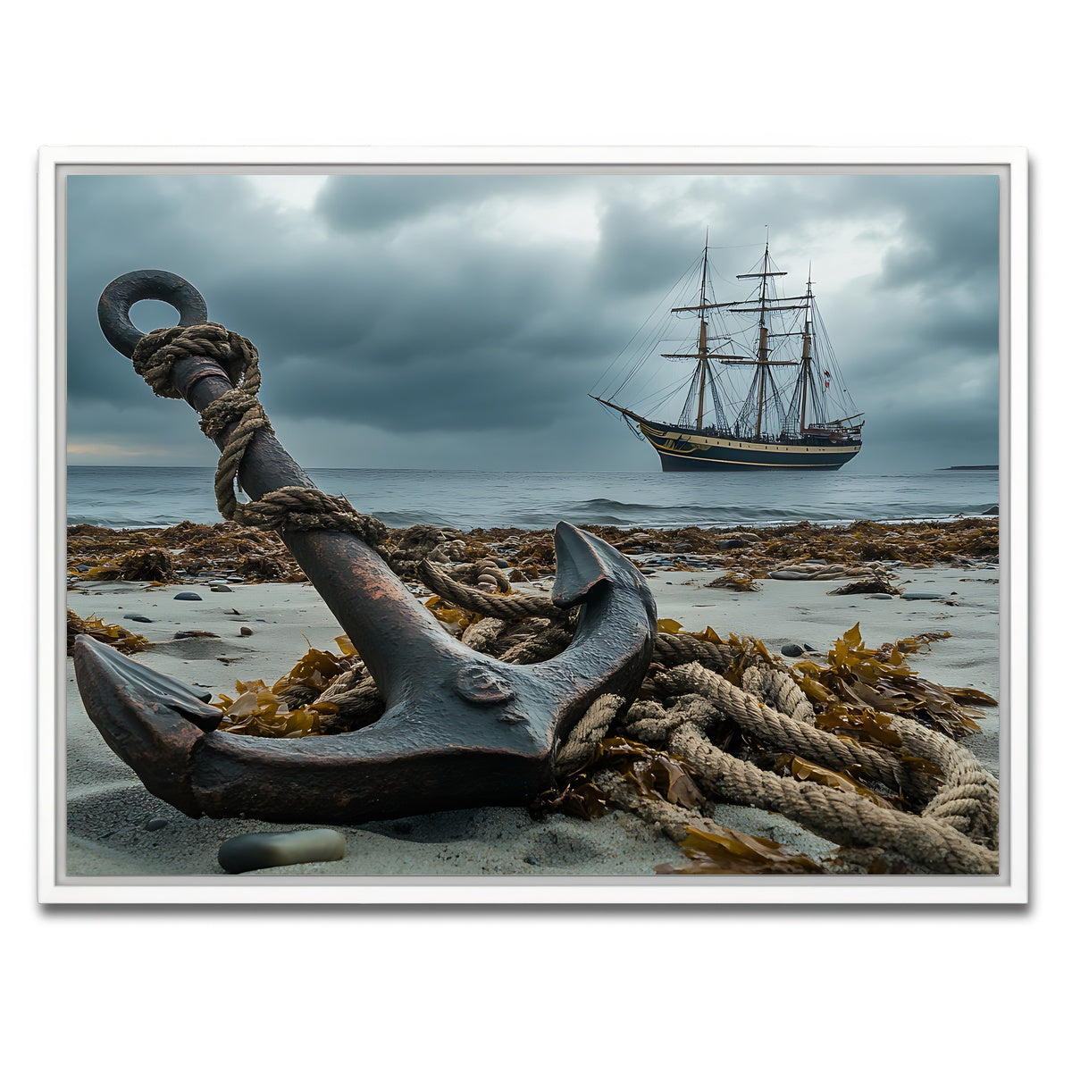 AUTO-MOCKUP WHITE | Rustic anchor on sandy beach | 1 Piece | White Framed Canvas | group=4x3