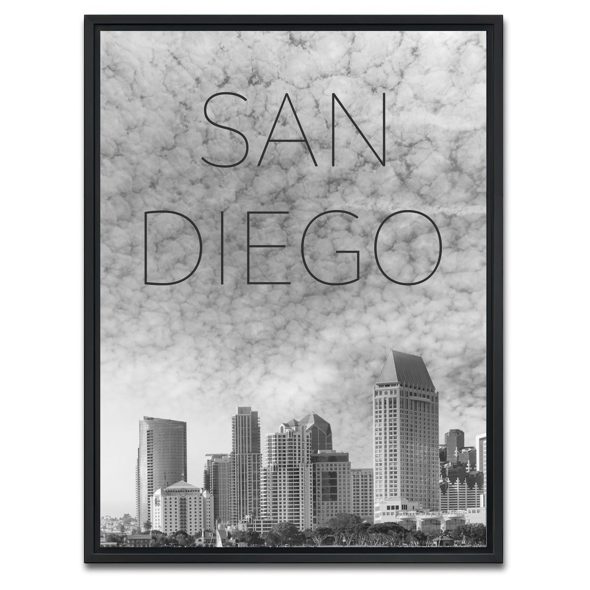 AUTO-MOCKUP WHITE | SAN DIEGO Skyline Text | 1 Piece | Black Framed Canvas | group=3x4