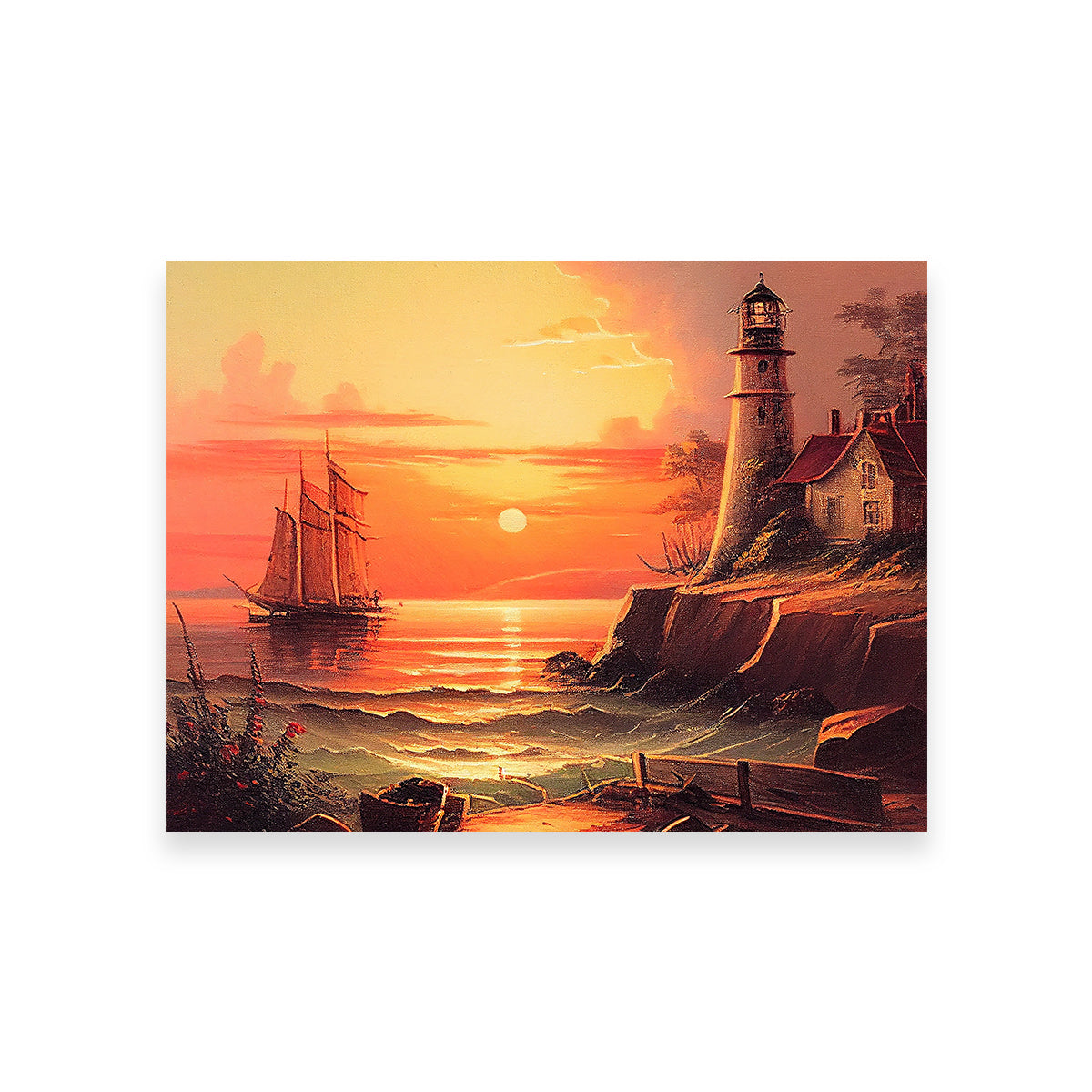 Sailing Past a Lighthouse and Sunset Wall Art