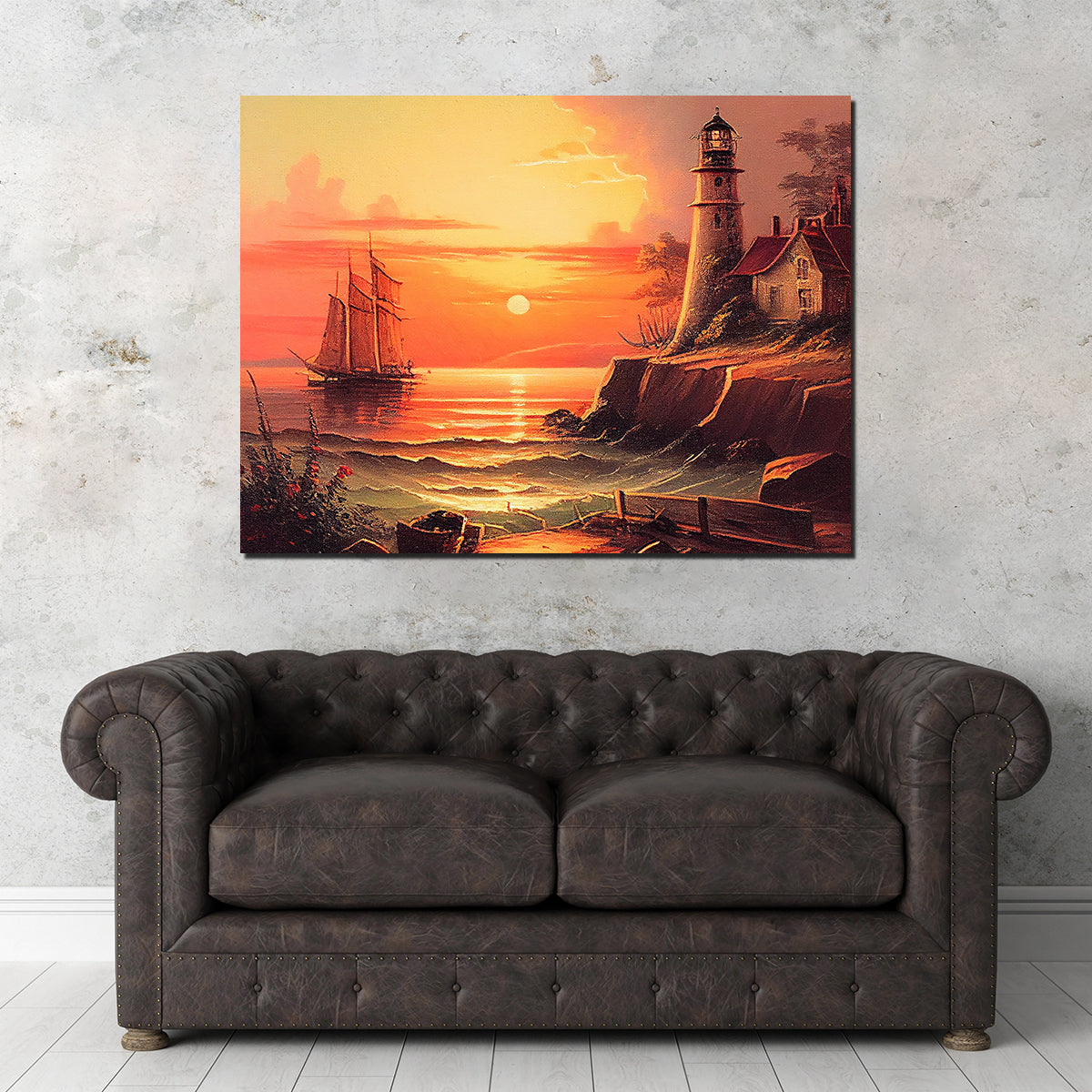 Sailing Past a Lighthouse and Sunset Wall Art