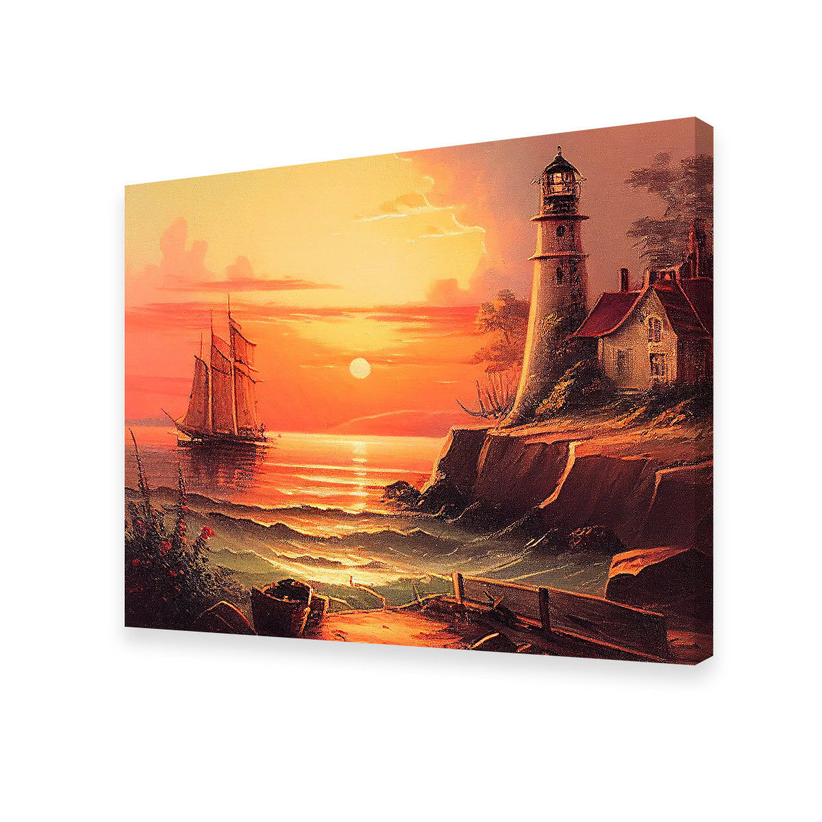Sailing Past a Lighthouse and Sunset Wall Art