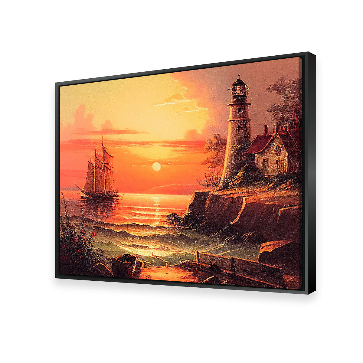 Sailing Past a Lighthouse and Sunset Wall Art