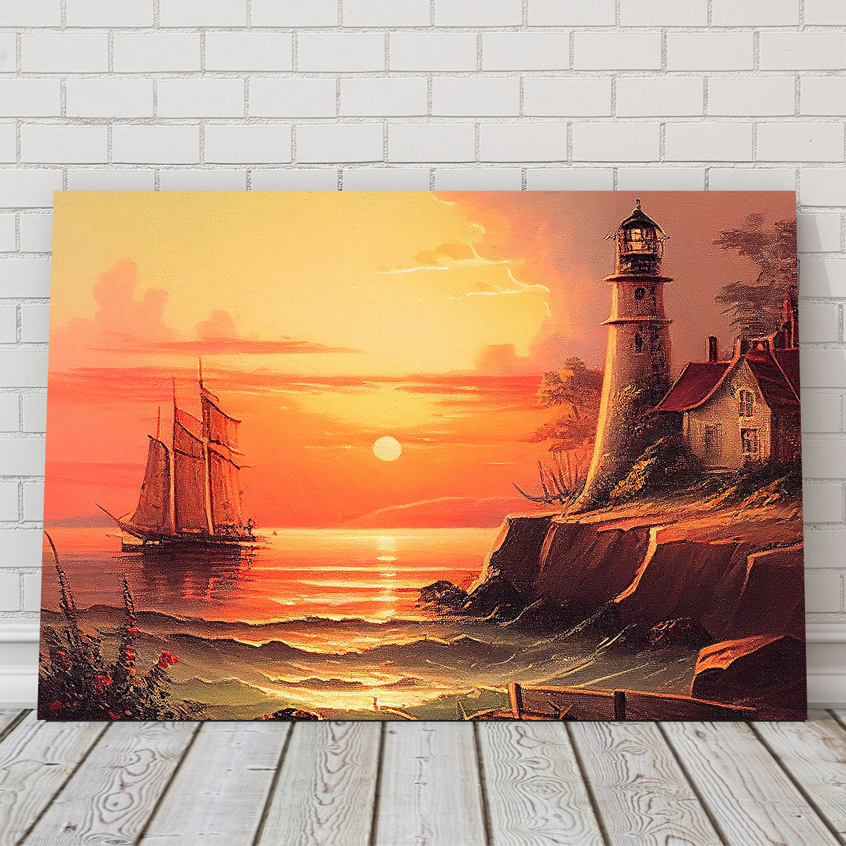 Sailing Past a Lighthouse and Sunset Wall Art