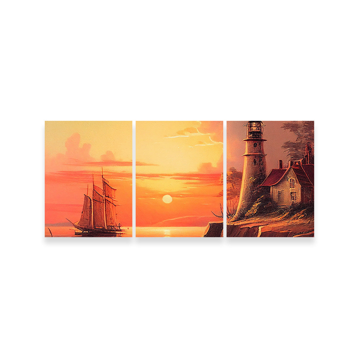 Sailing Past a Lighthouse and Sunset Wall Art