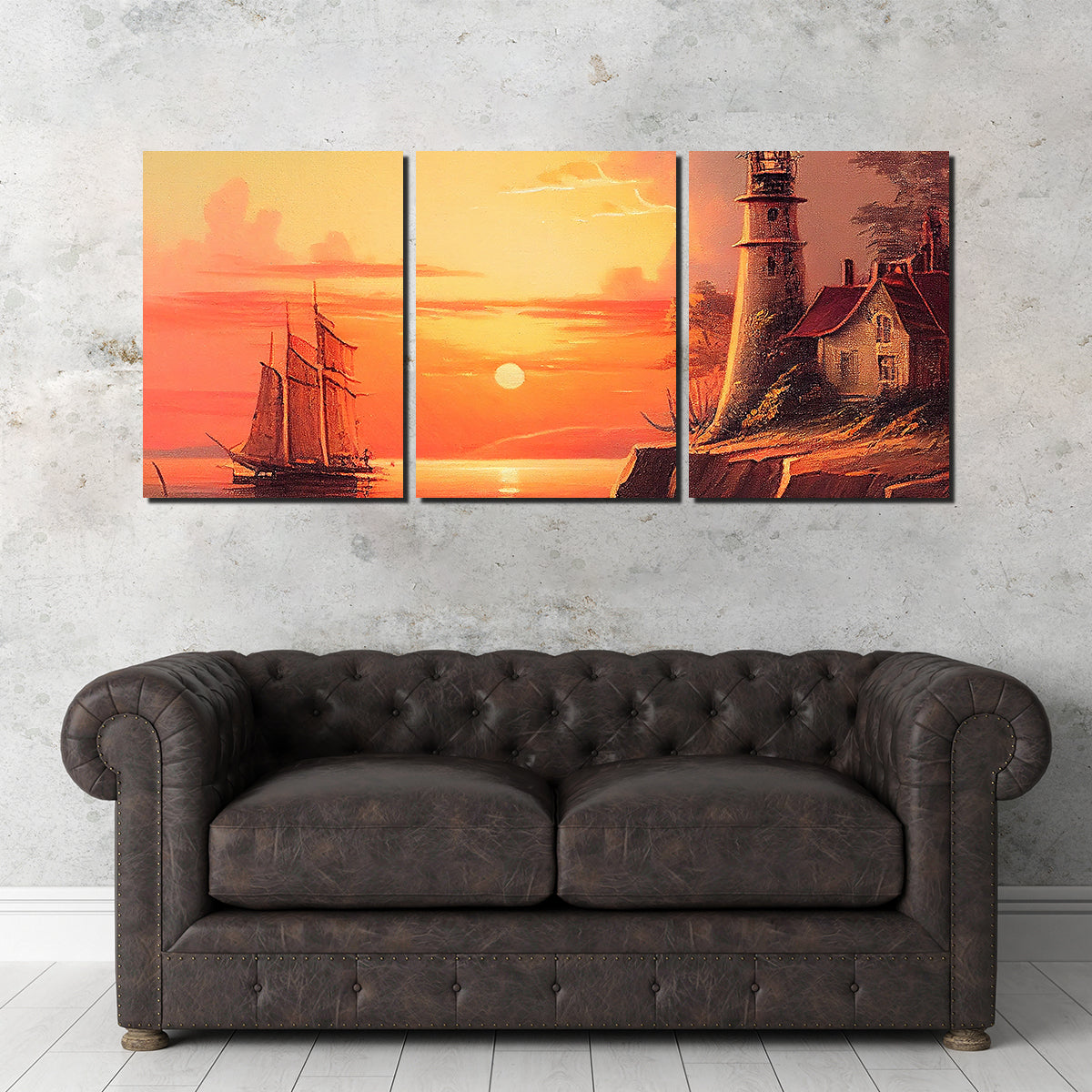 Sailing Past a Lighthouse and Sunset Wall Art