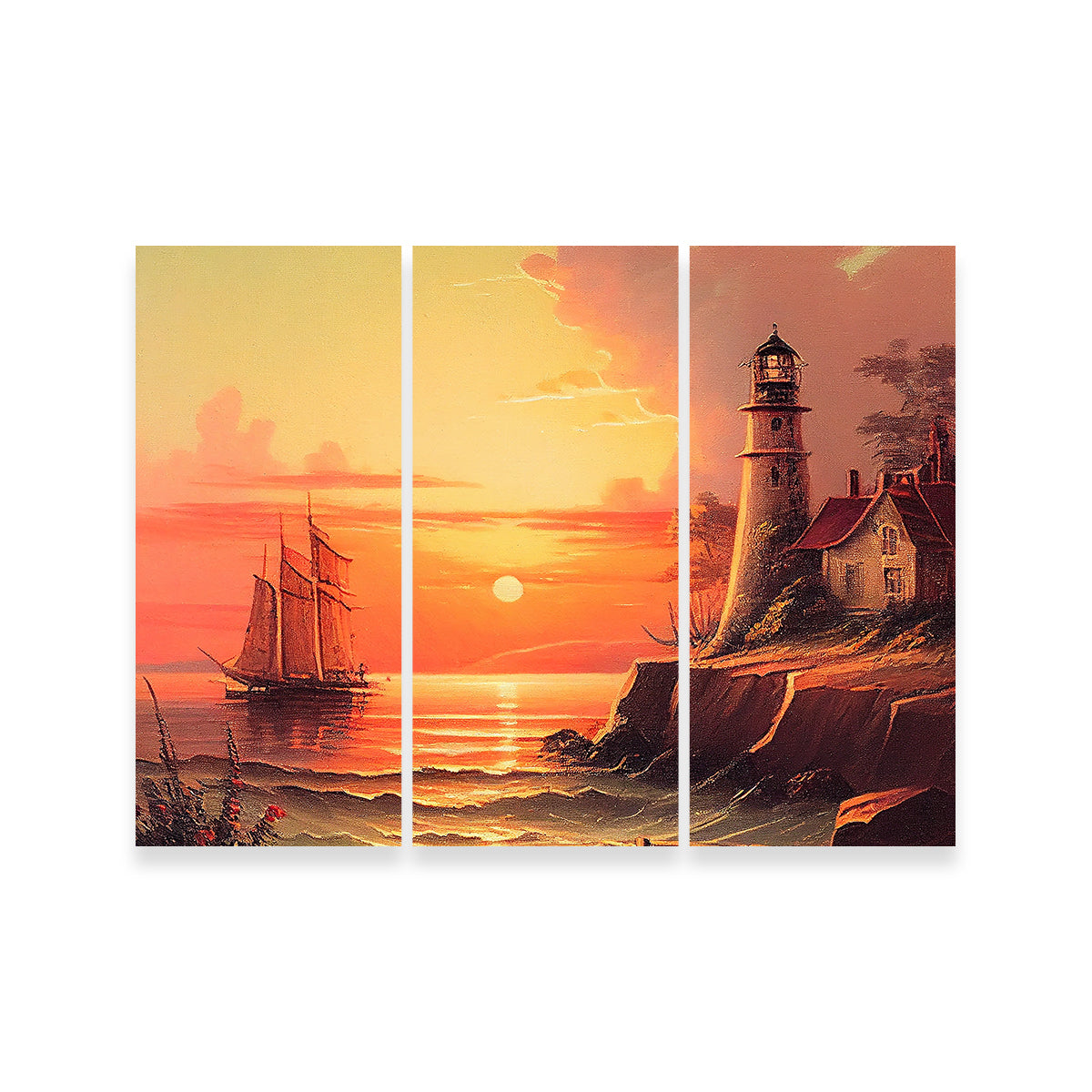 Sailing Past a Lighthouse and Sunset Wall Art