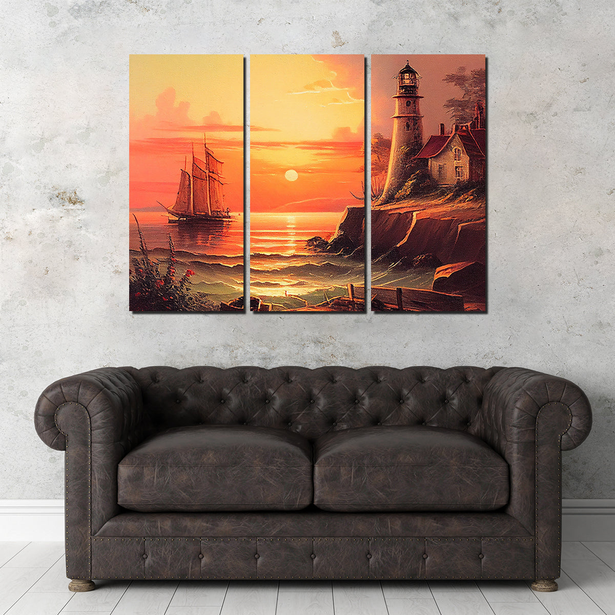 Sailing Past a Lighthouse and Sunset Wall Art