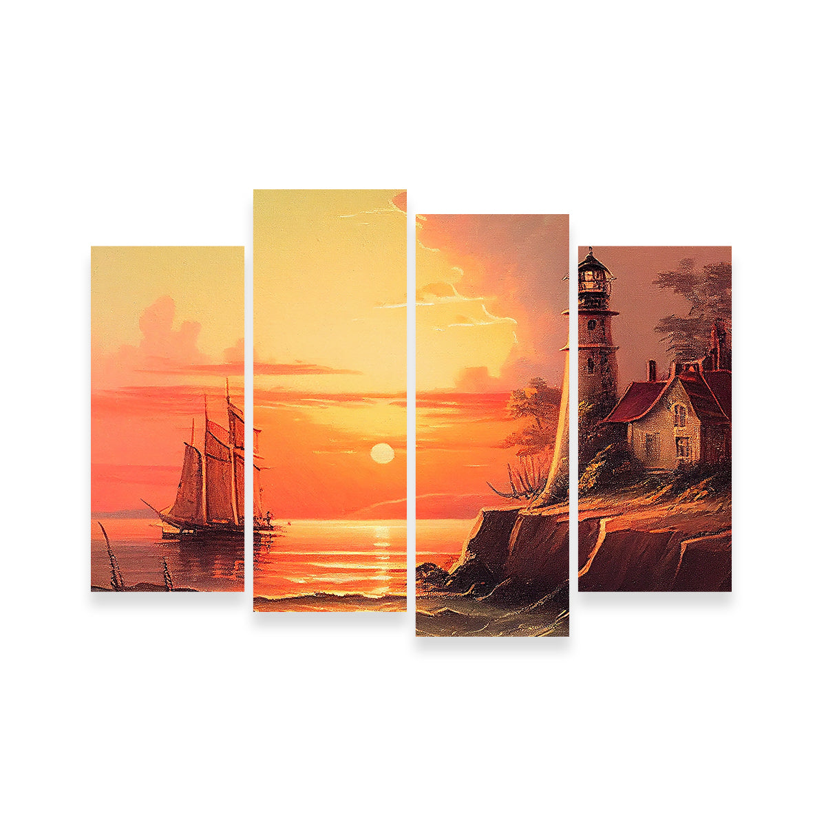 Sailing Past a Lighthouse and Sunset Wall Art