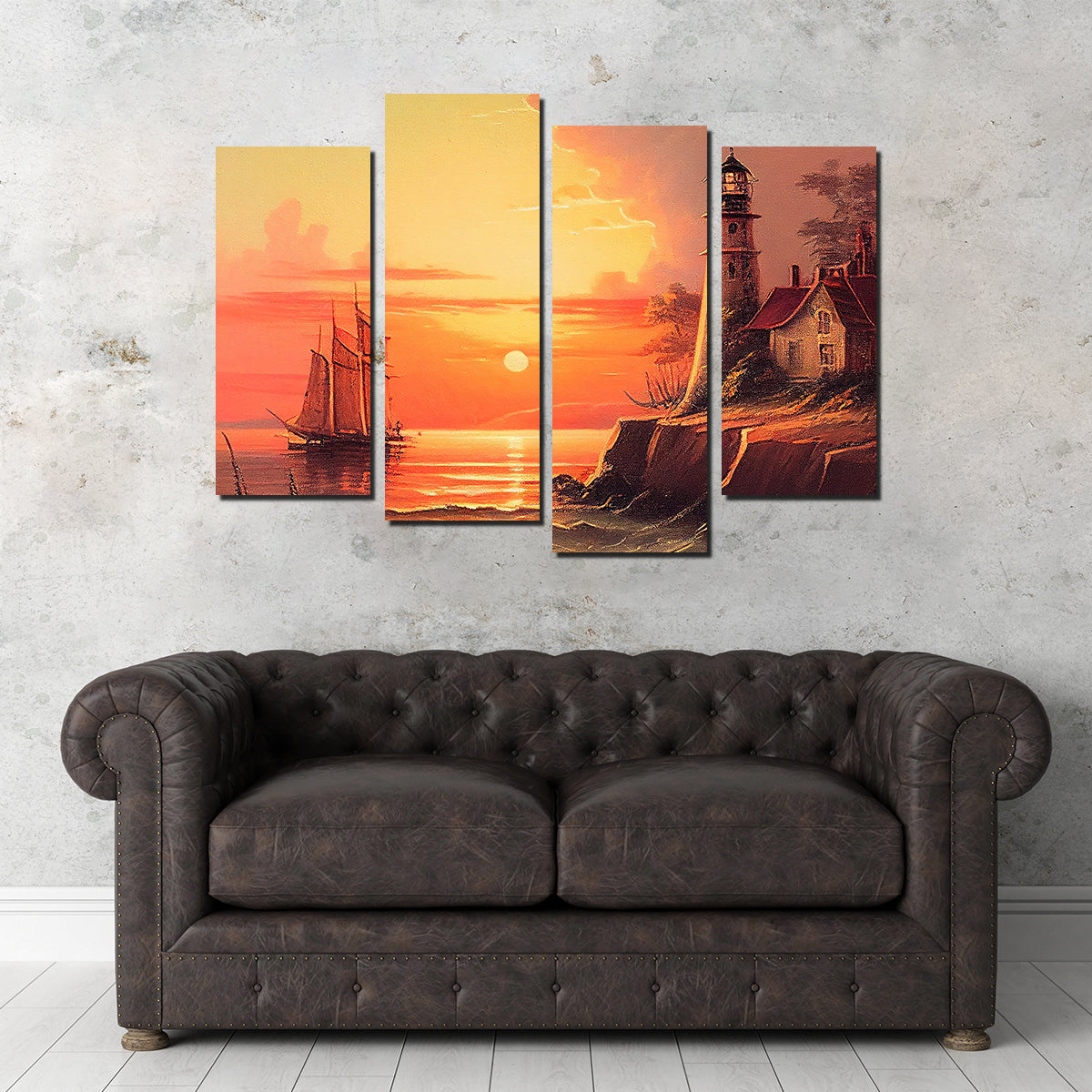 Sailing Past a Lighthouse and Sunset Wall Art