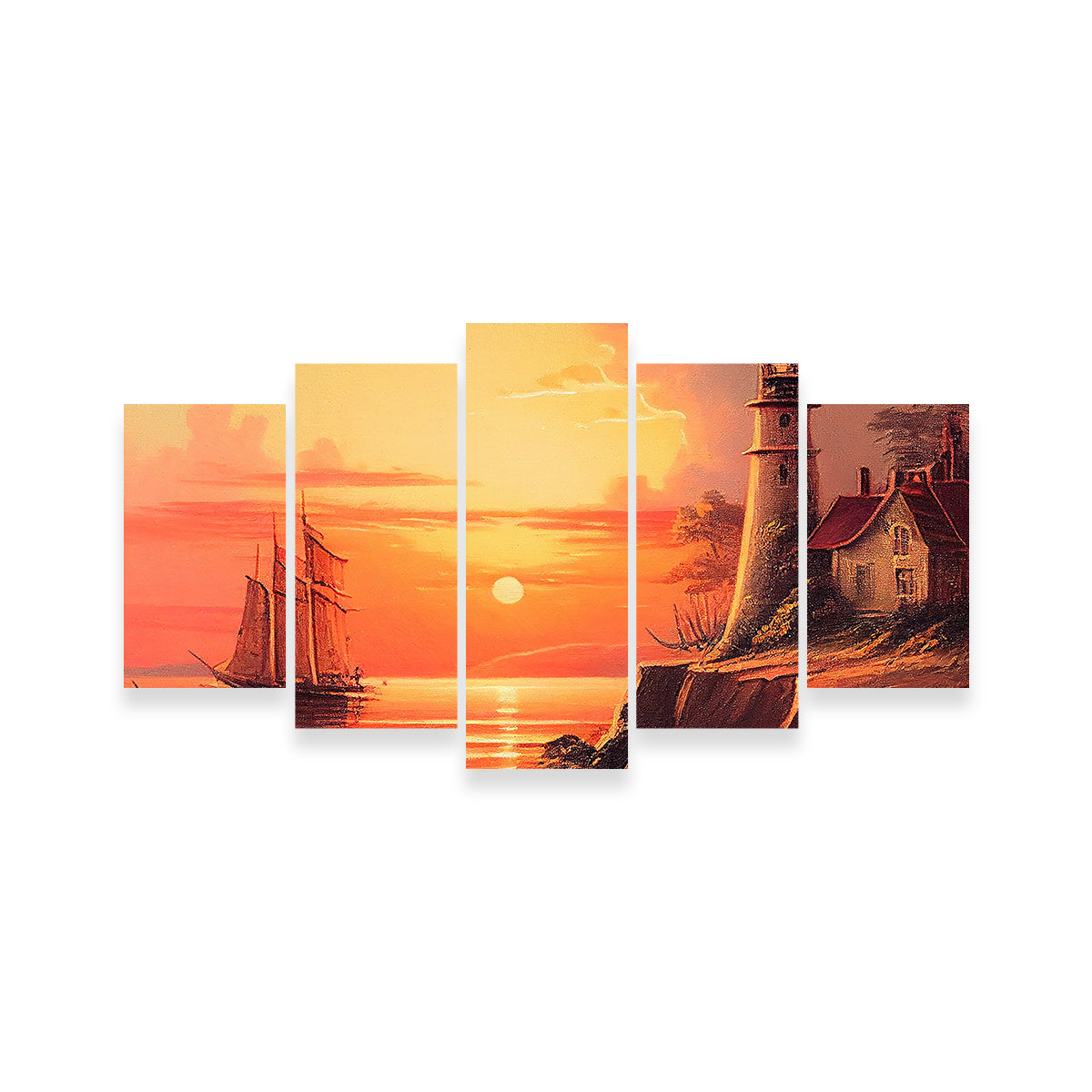 Sailing Past a Lighthouse and Sunset Wall Art